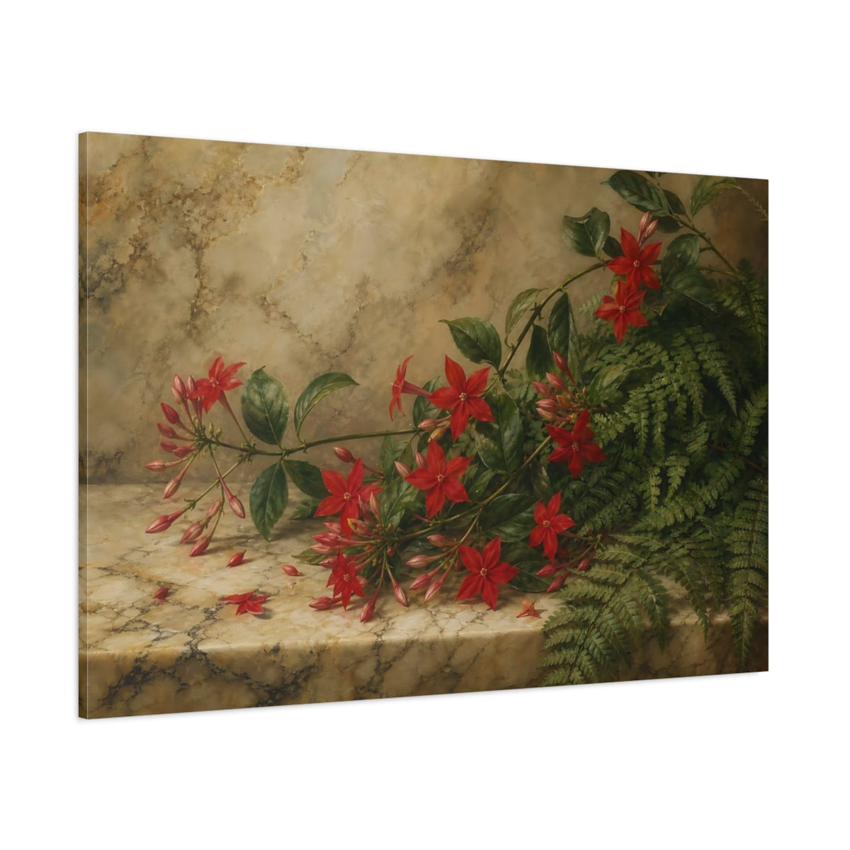 Side Mockup 1. Floral Red Flowers Red Flowers Botanical shown as stretched canvas wall art