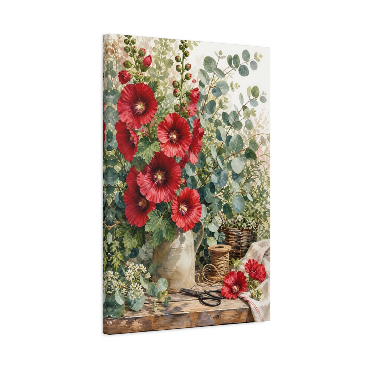 Side Mockup 2. Floral Red Flowers Red Floral shown as stretched canvas wall art