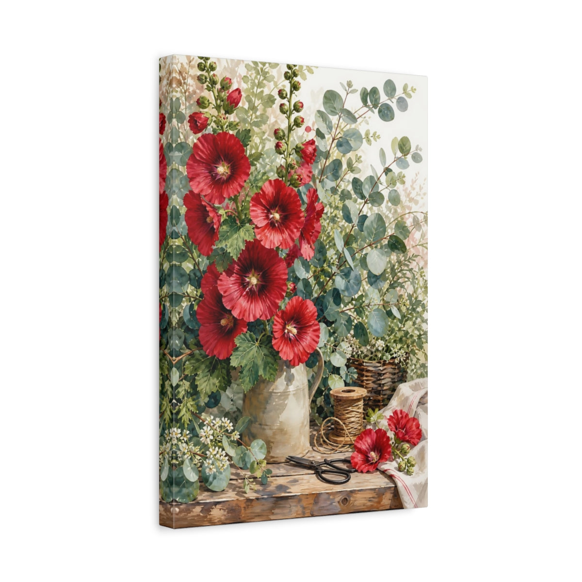 Side Mockup 4. Floral Red Flowers Red Floral shown as stretched canvas wall art