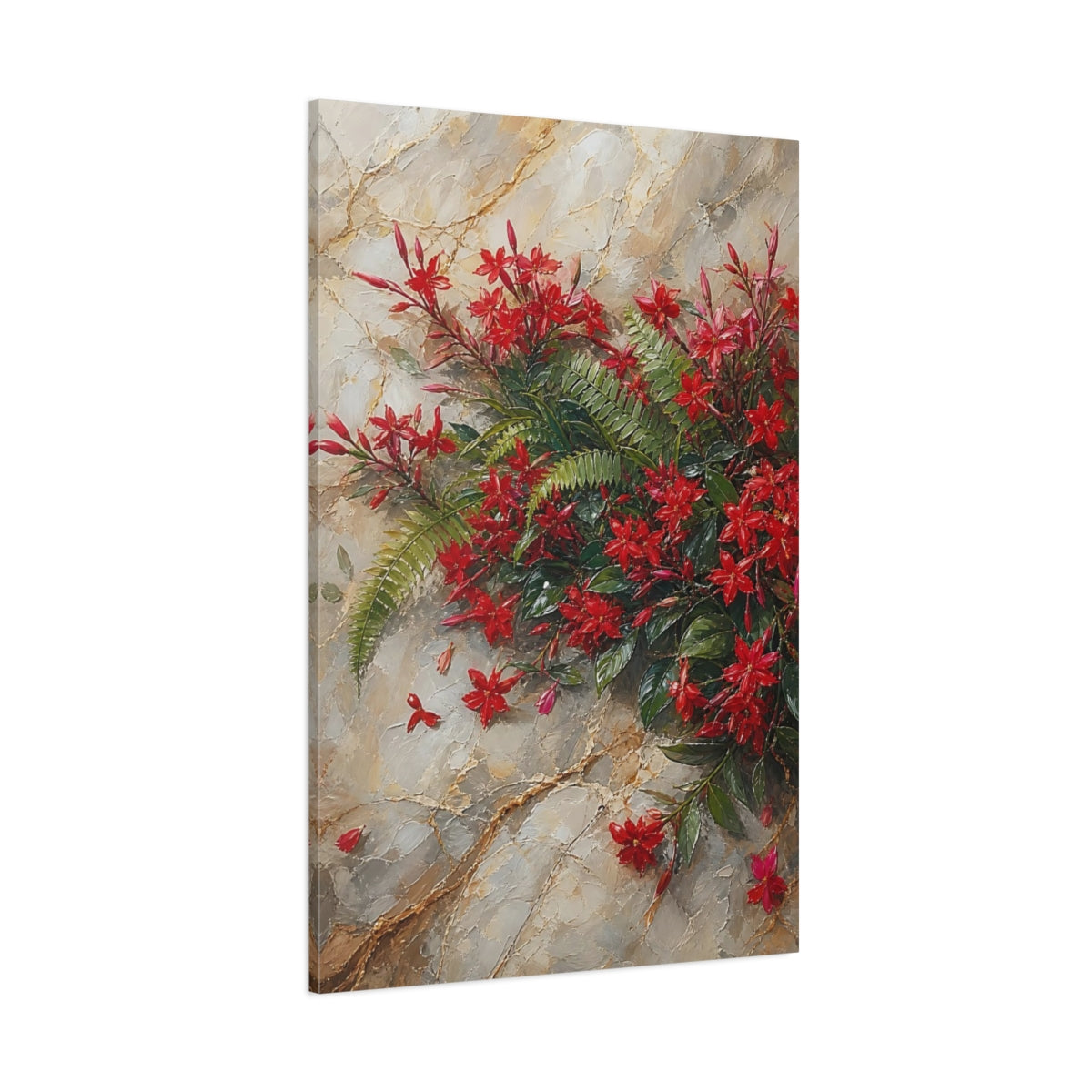 Side Mockup 1. Floral Red Flowers Red Floral shown as stretched canvas wall art