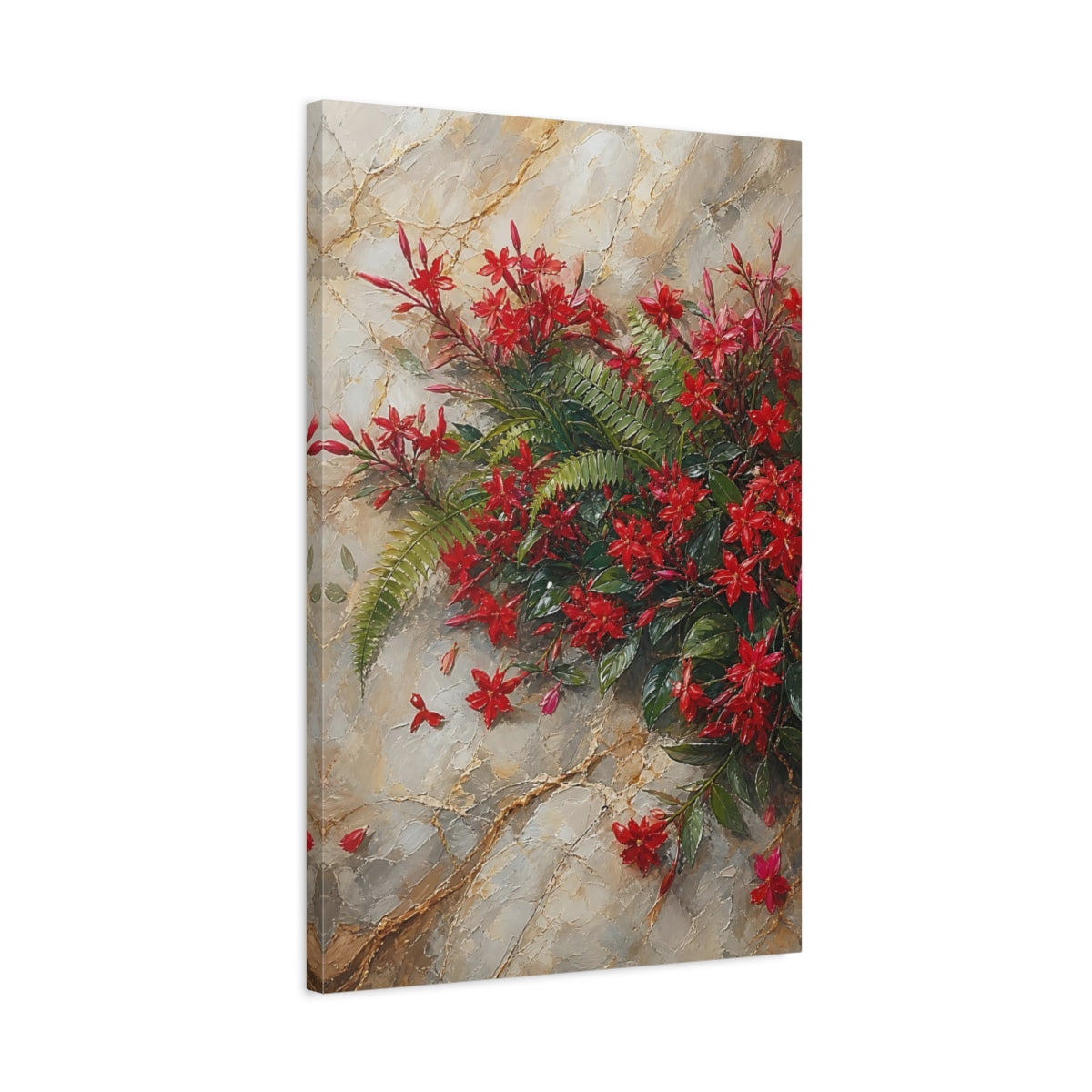 Side Mockup 2. Floral Red Flowers Red Floral shown as stretched canvas wall art