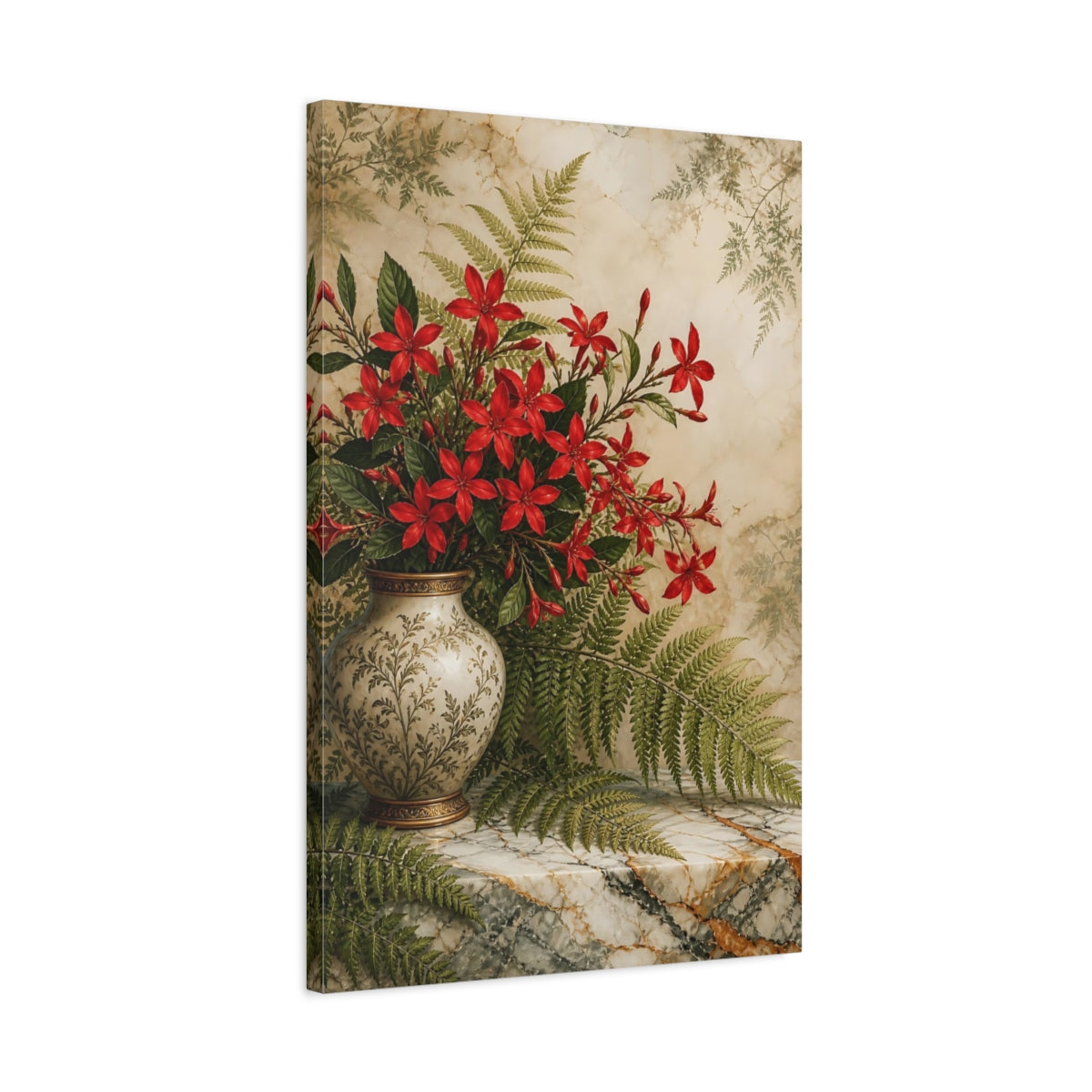 Side Mockup 2. Floral Red Flowers Red Floral shown as stretched canvas wall art