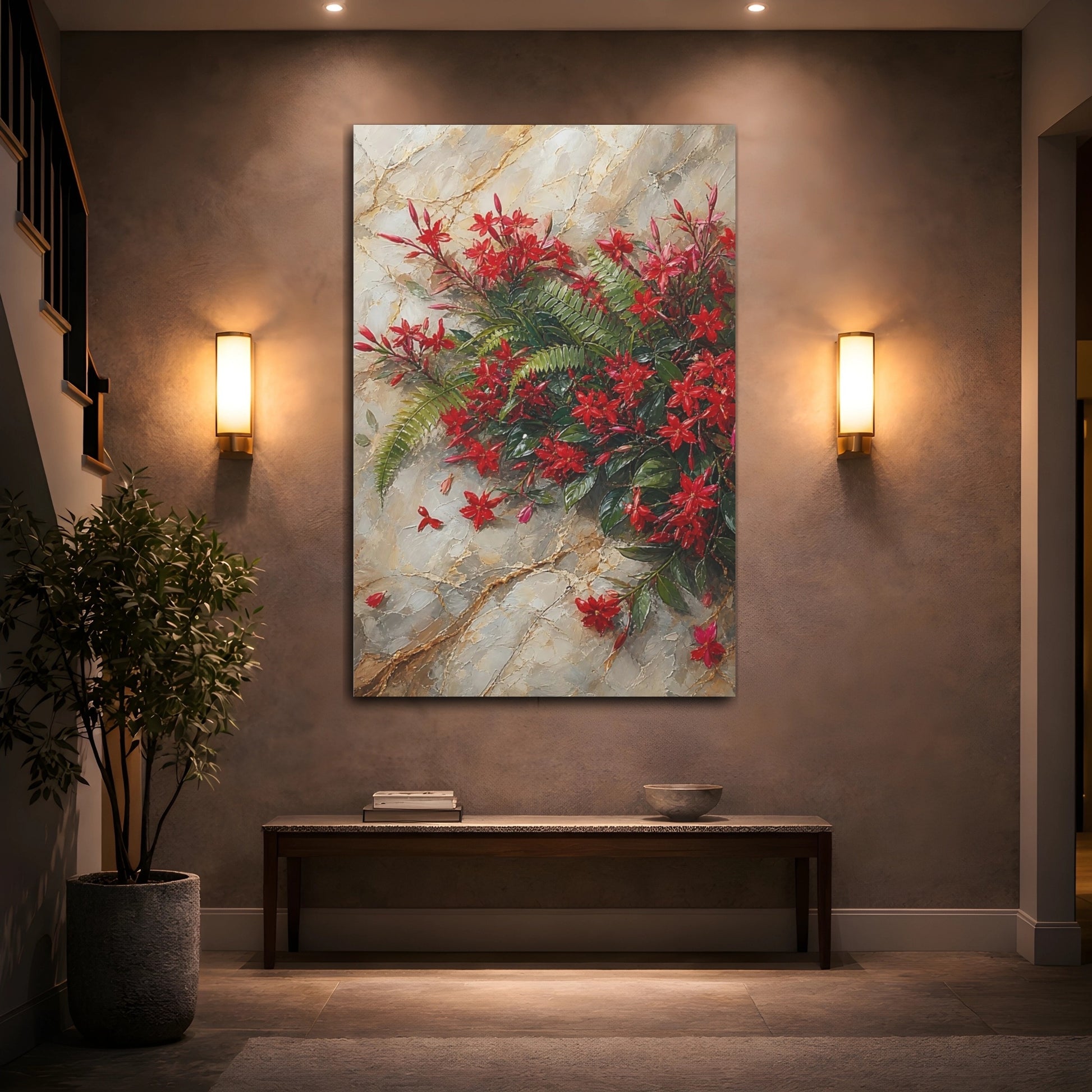 Mockup 2. Floral Red Flowers Red Floral shown as stretched canvas wall art