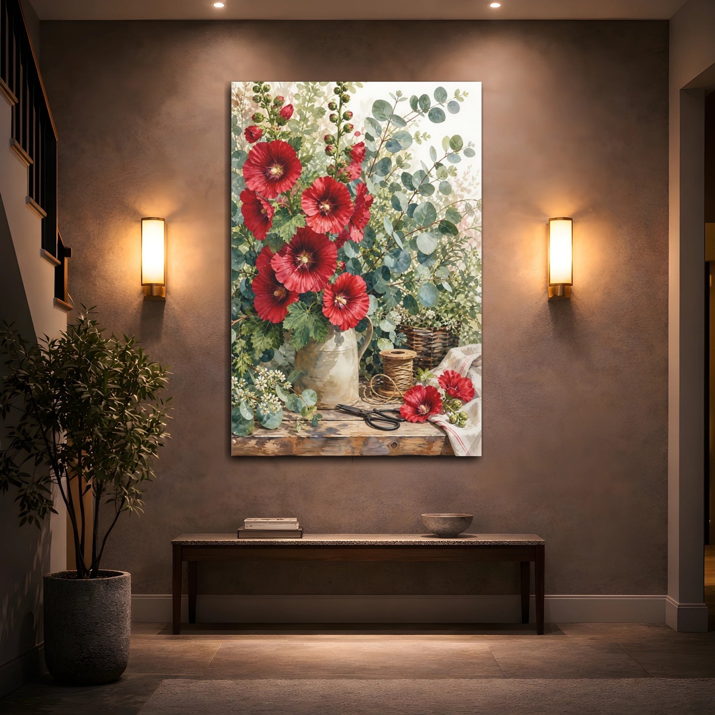 Mockup 2. Floral Red Flowers Red Floral shown as stretched canvas wall art