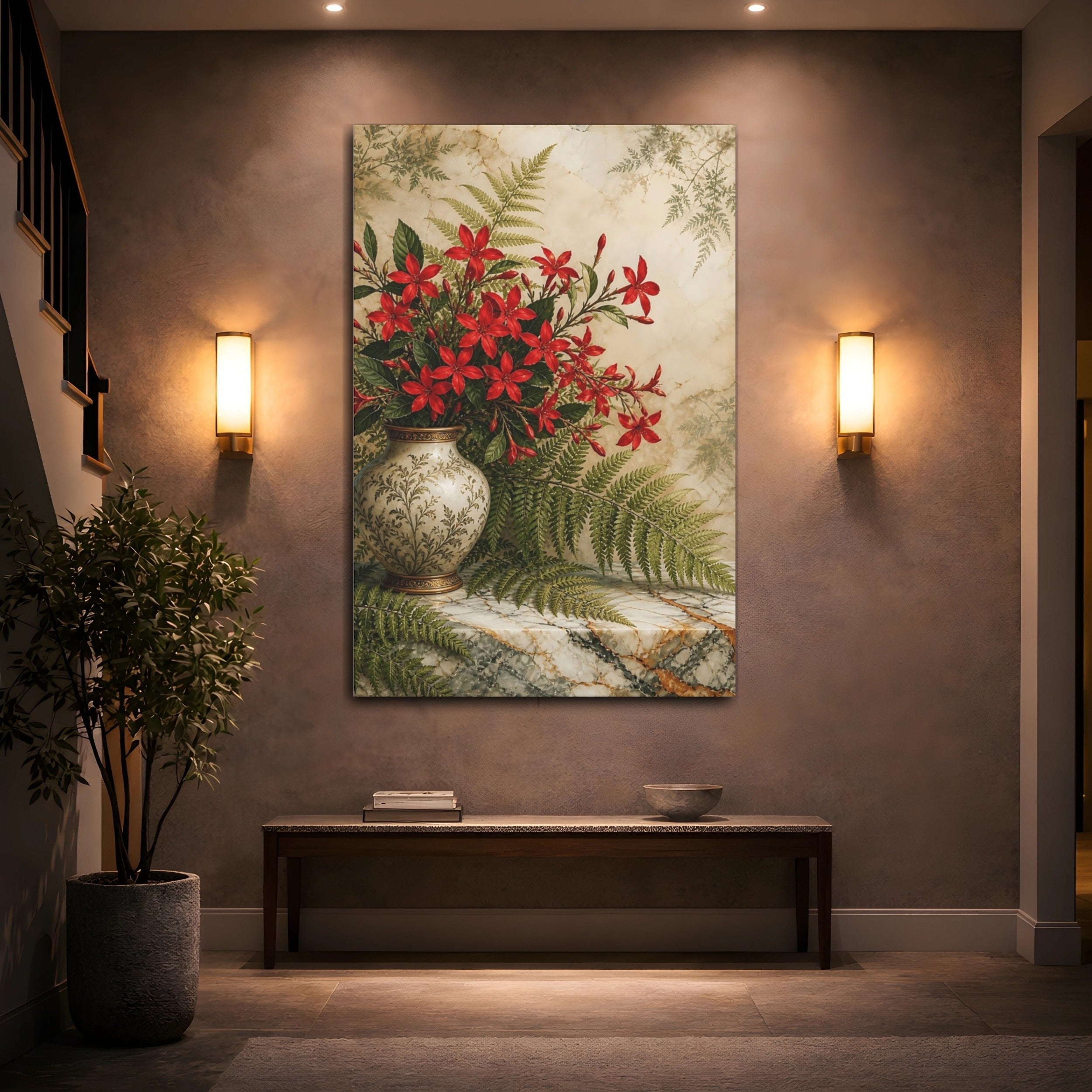Mockup 2. Floral Red Flowers Red Floral shown as stretched canvas wall art