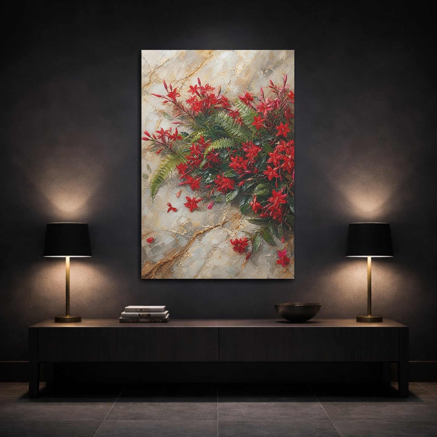 Mockup 3. Floral Red Flowers Red Floral shown as stretched canvas wall art