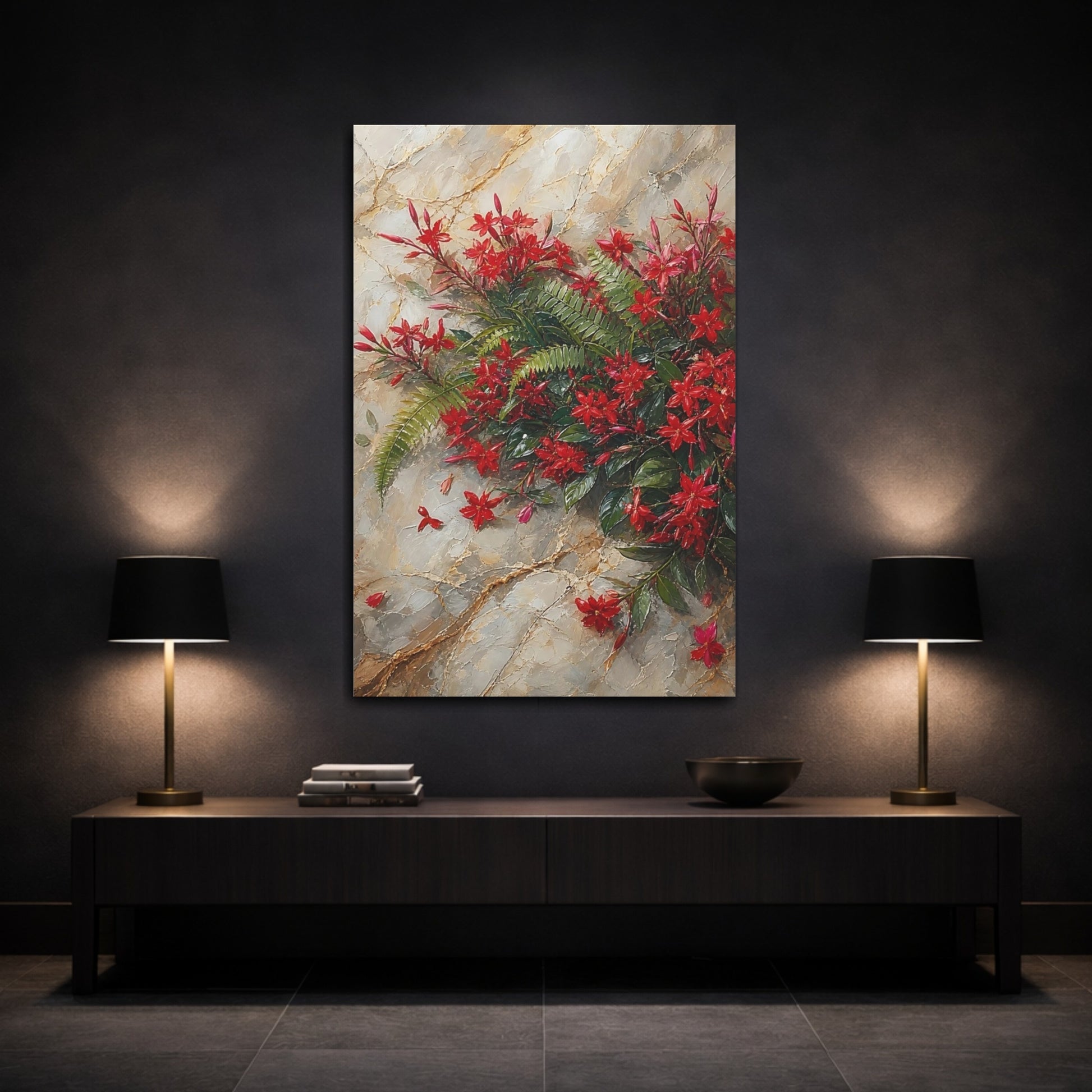 Mockup 3. Floral Red Flowers Red Floral shown as stretched canvas wall art