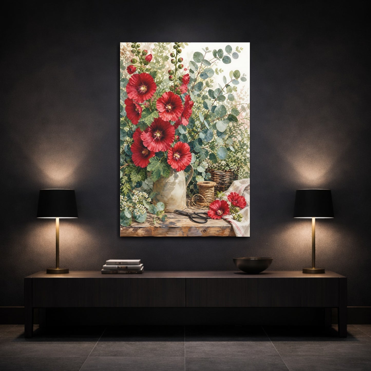 Mockup 3. Floral Red Flowers Red Floral shown as stretched canvas wall art