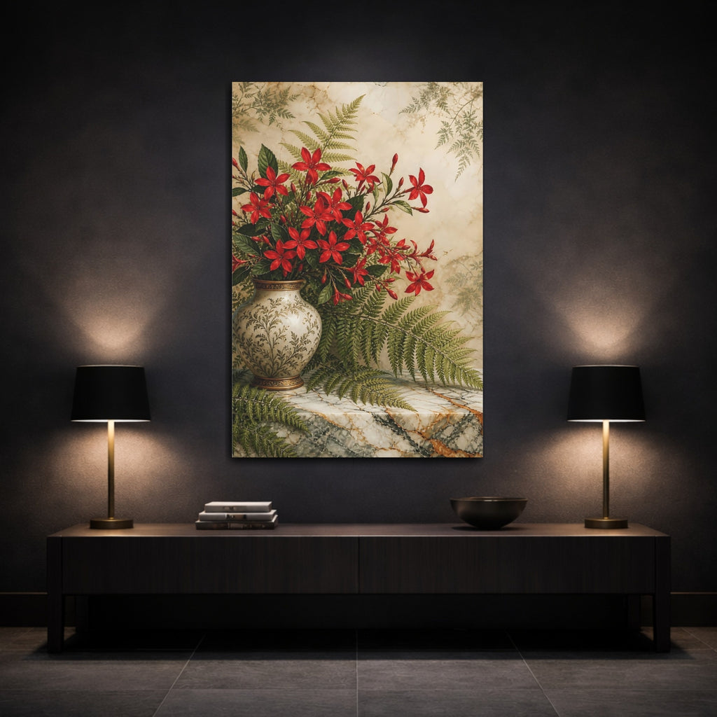 Mockup 3. Floral Red Flowers Red Floral shown as stretched canvas wall art