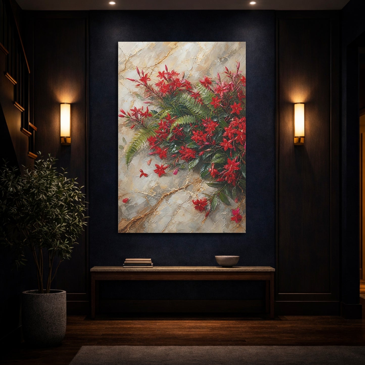 Mockup 4. Floral Red Flowers Red Floral shown as stretched canvas wall art