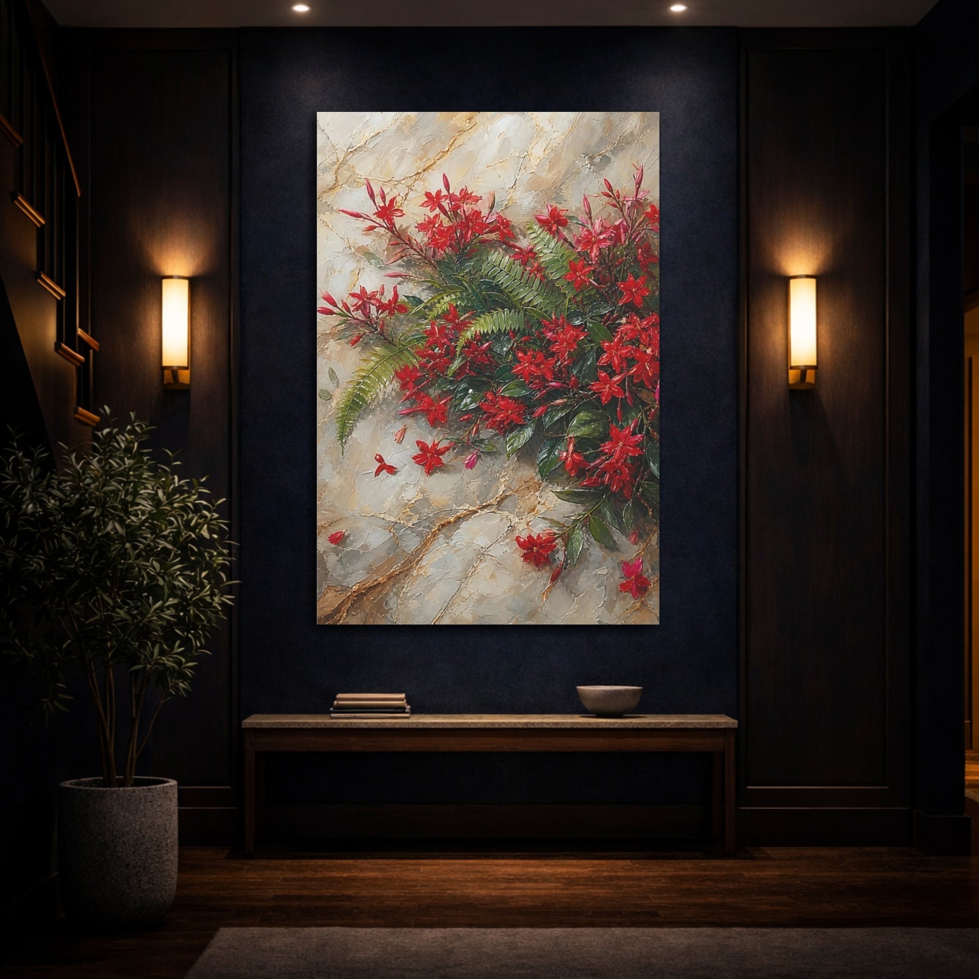 Mockup 4. Floral Red Flowers Red Floral shown as stretched canvas wall art