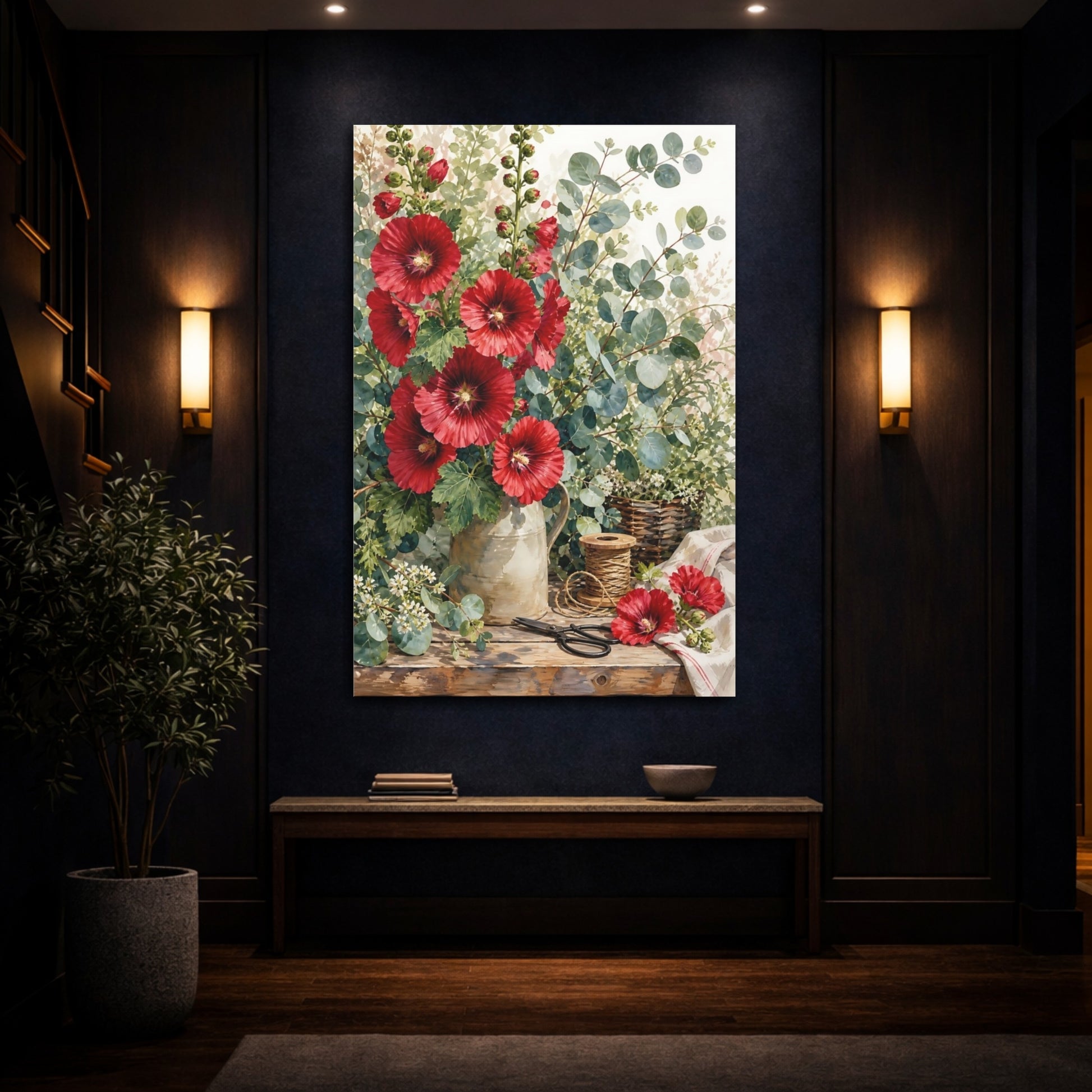 Mockup 4. Floral Red Flowers Red Floral shown as stretched canvas wall art