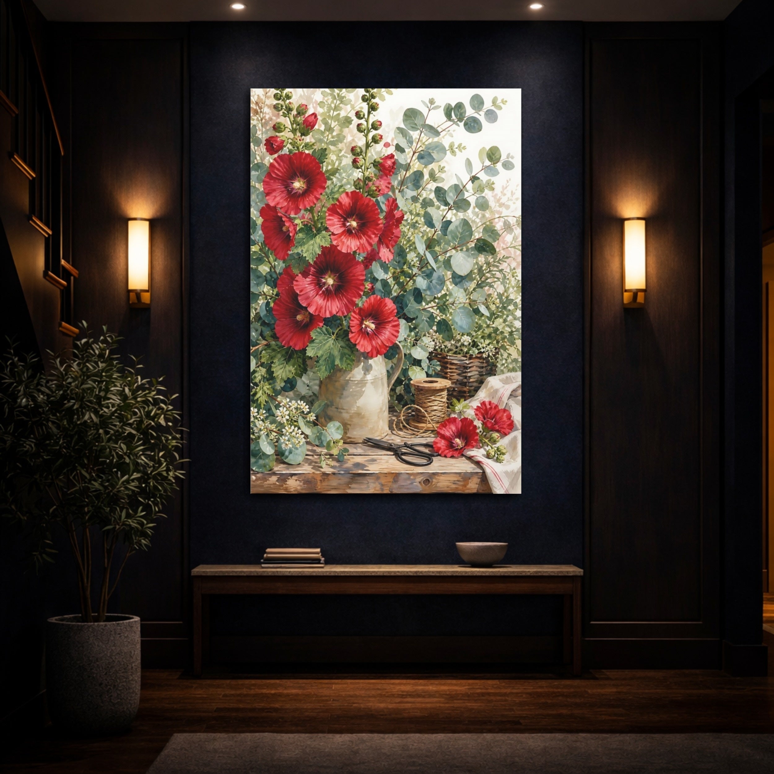 Mockup 4. Floral Red Flowers Red Floral shown as stretched canvas wall art