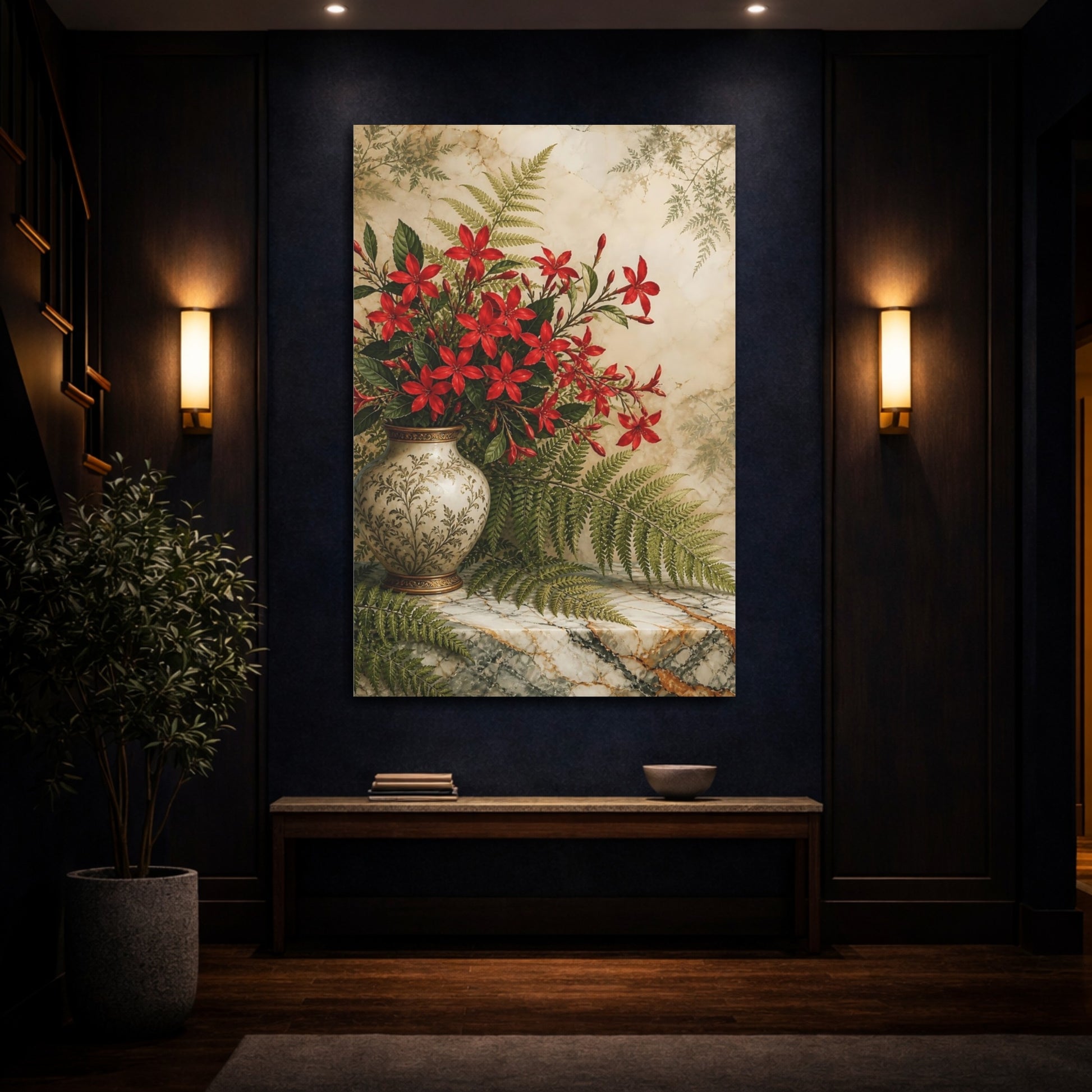 Mockup 4. Floral Red Flowers Red Floral shown as stretched canvas wall art