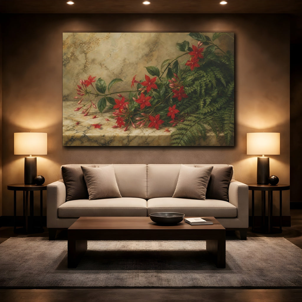 Mockup 2. Floral Red Flowers Red Flowers Botanical shown as stretched canvas wall art