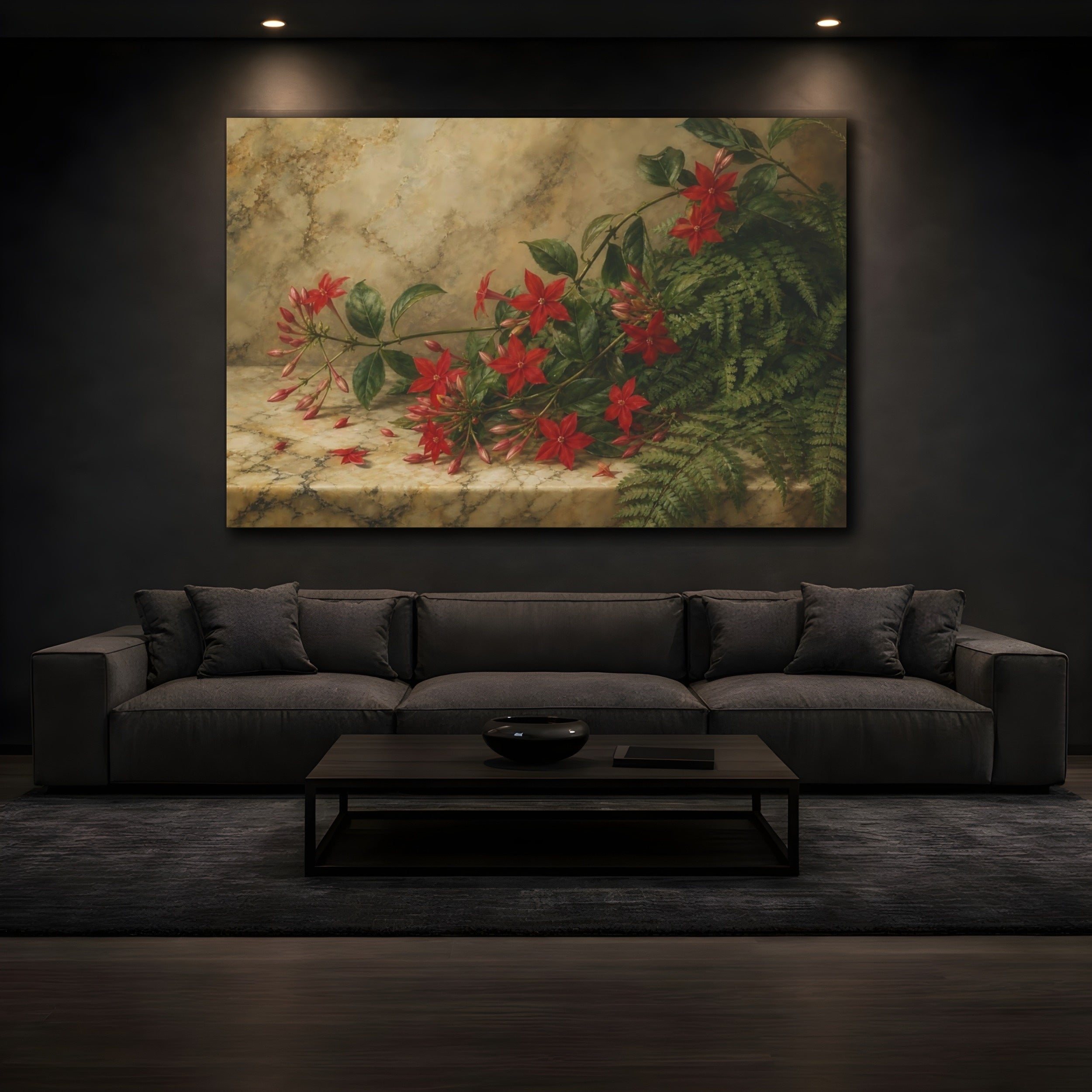 Mockup 3. Floral Red Flowers Red Flowers Botanical shown as stretched canvas wall art