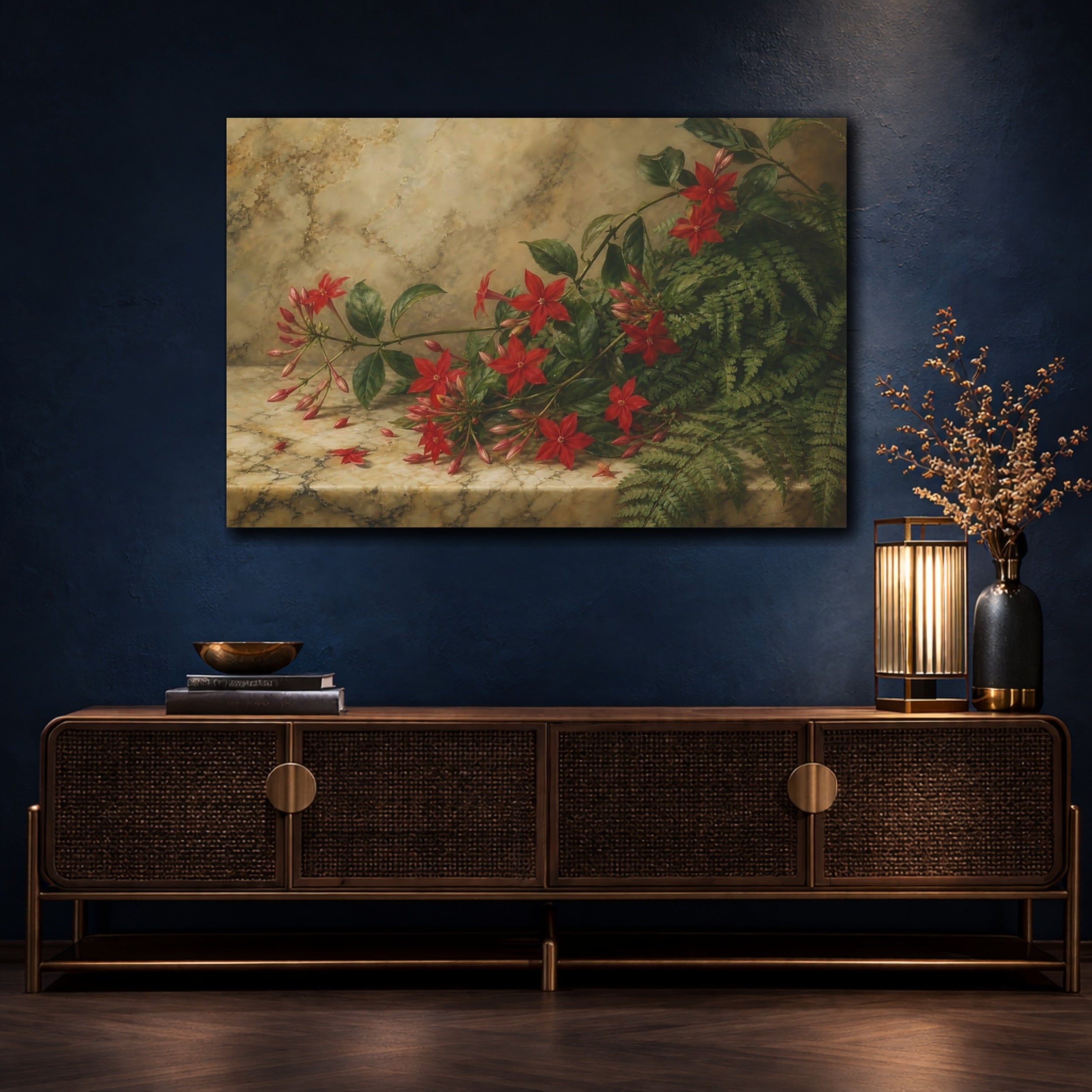 Mockup 4. Floral Red Flowers Red Flowers Botanical shown as stretched canvas wall art