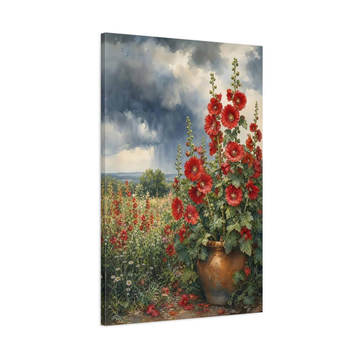 Main Mockup. Floral Red Hollyhocks Red Floral Watercolor shown as stretched canvas wall art