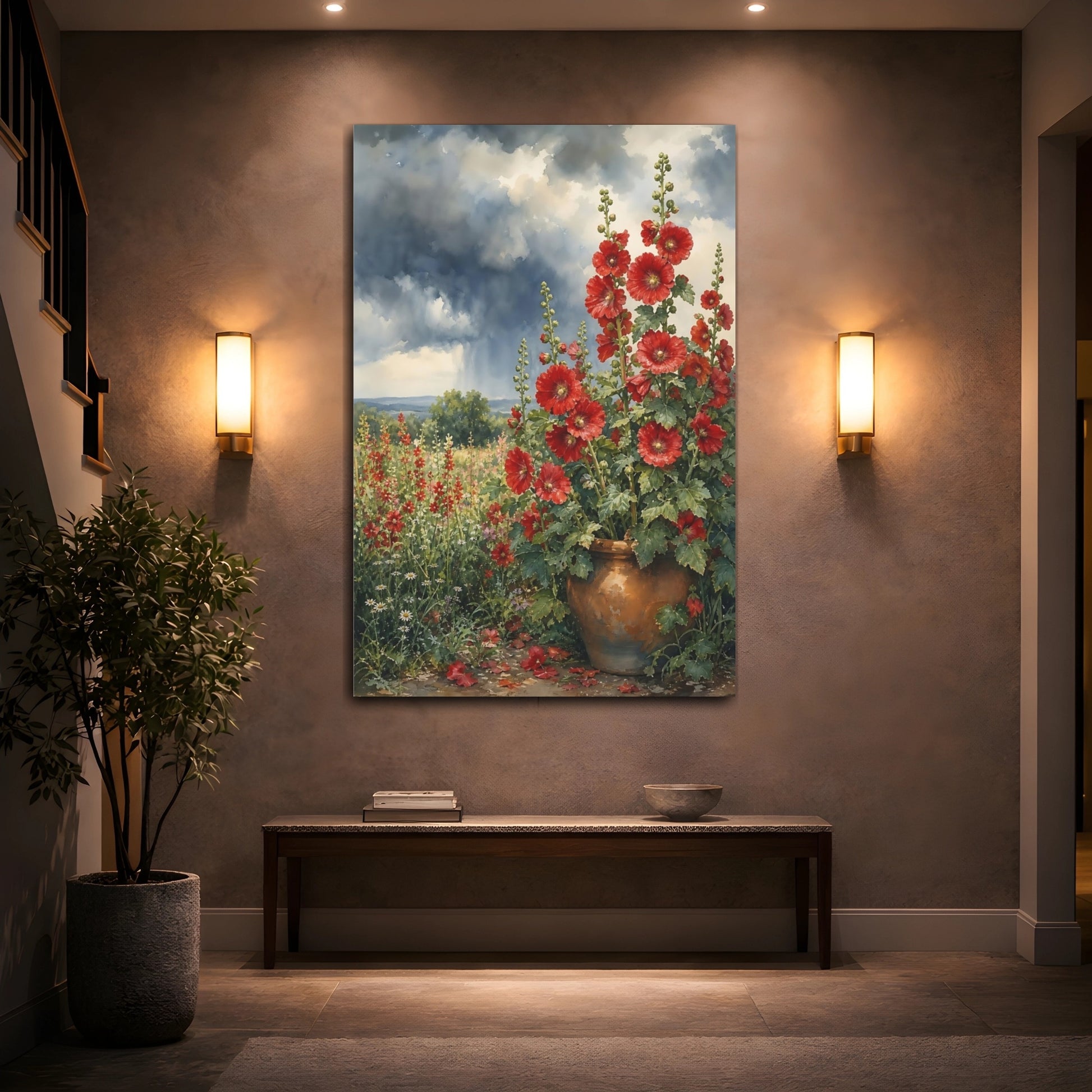 Mockup 2. Floral Red Hollyhocks Red Floral Watercolor shown as stretched canvas wall art
