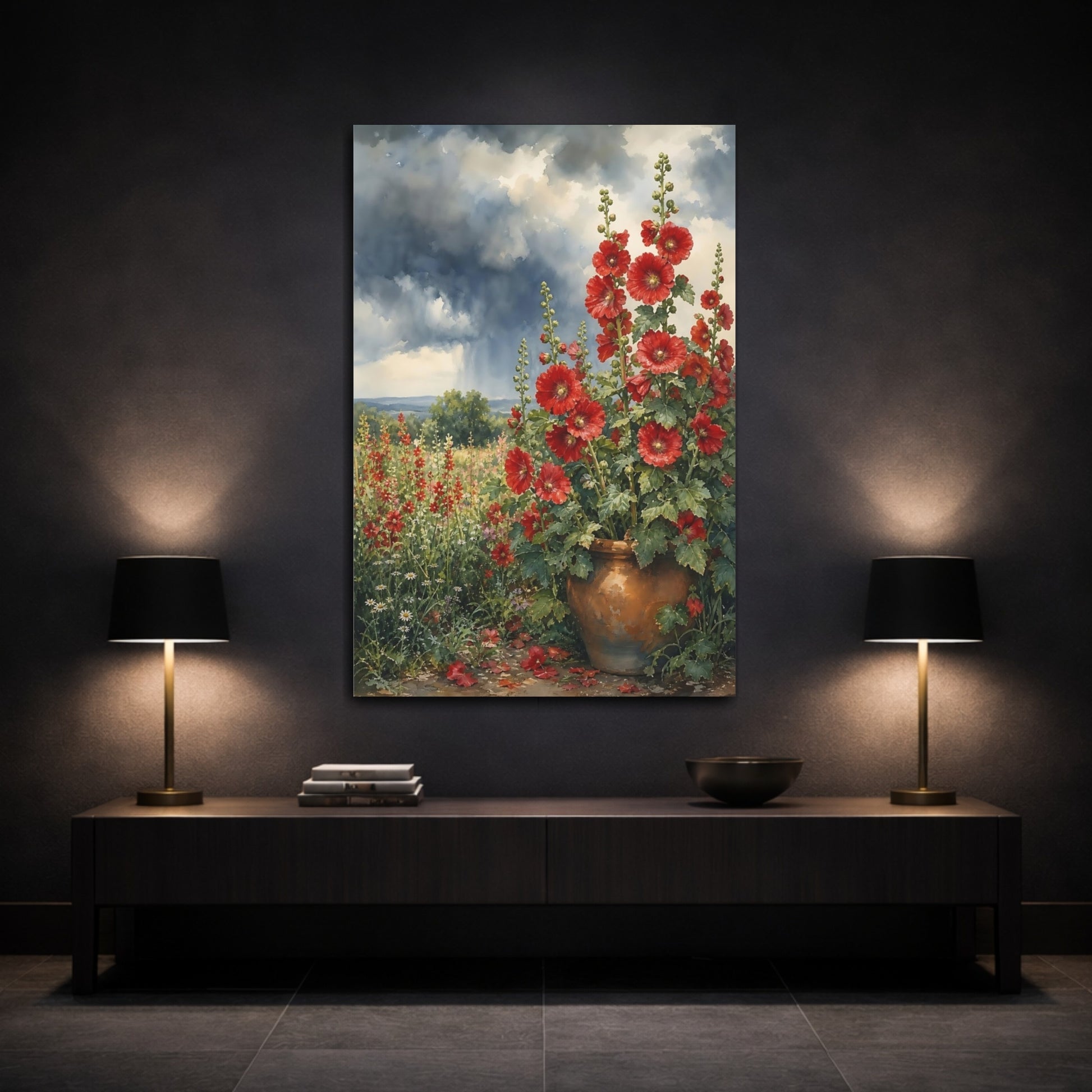 Mockup 3. Floral Red Hollyhocks Red Floral Watercolor shown as stretched canvas wall art