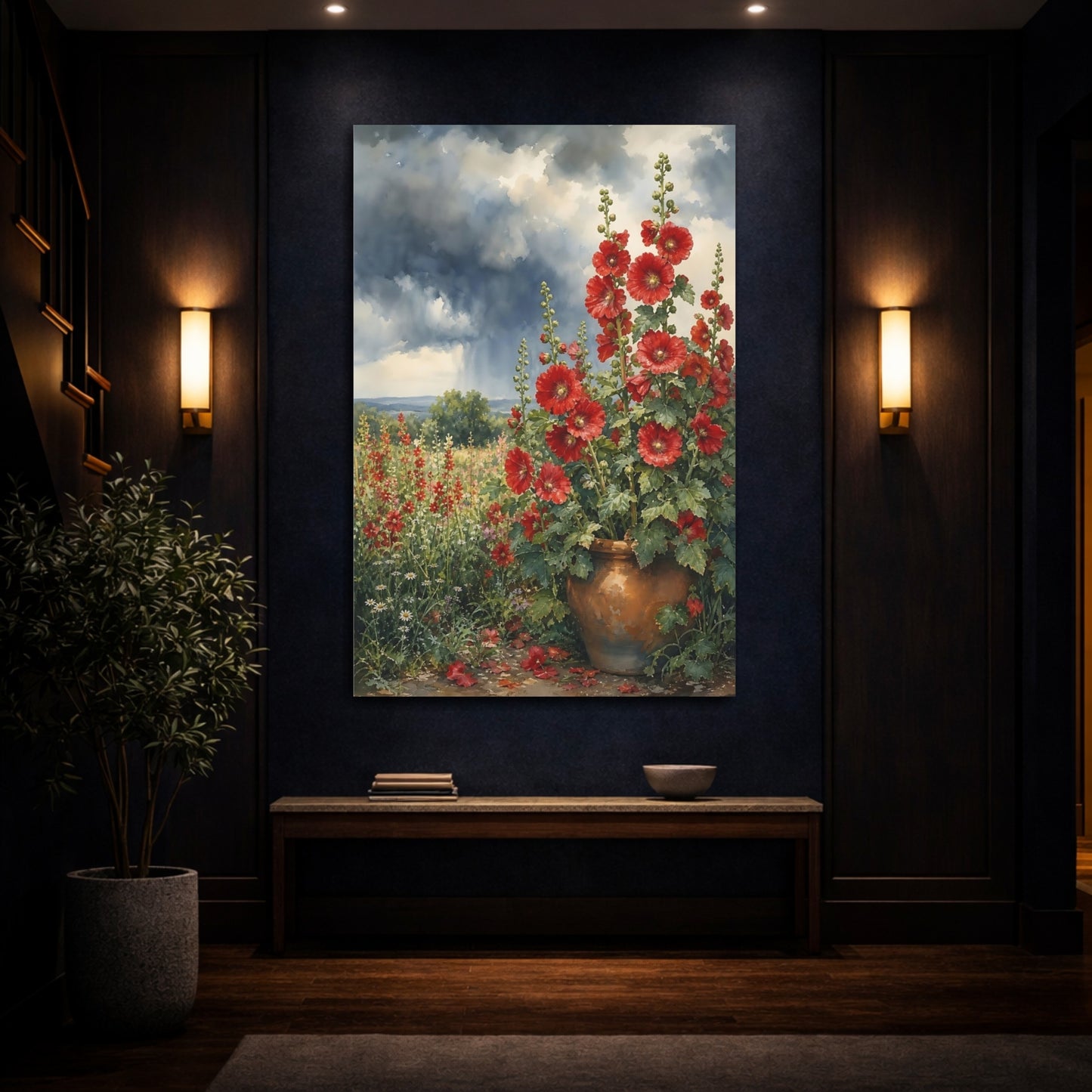 Mockup 4. Floral Red Hollyhocks Red Floral Watercolor shown as stretched canvas wall art