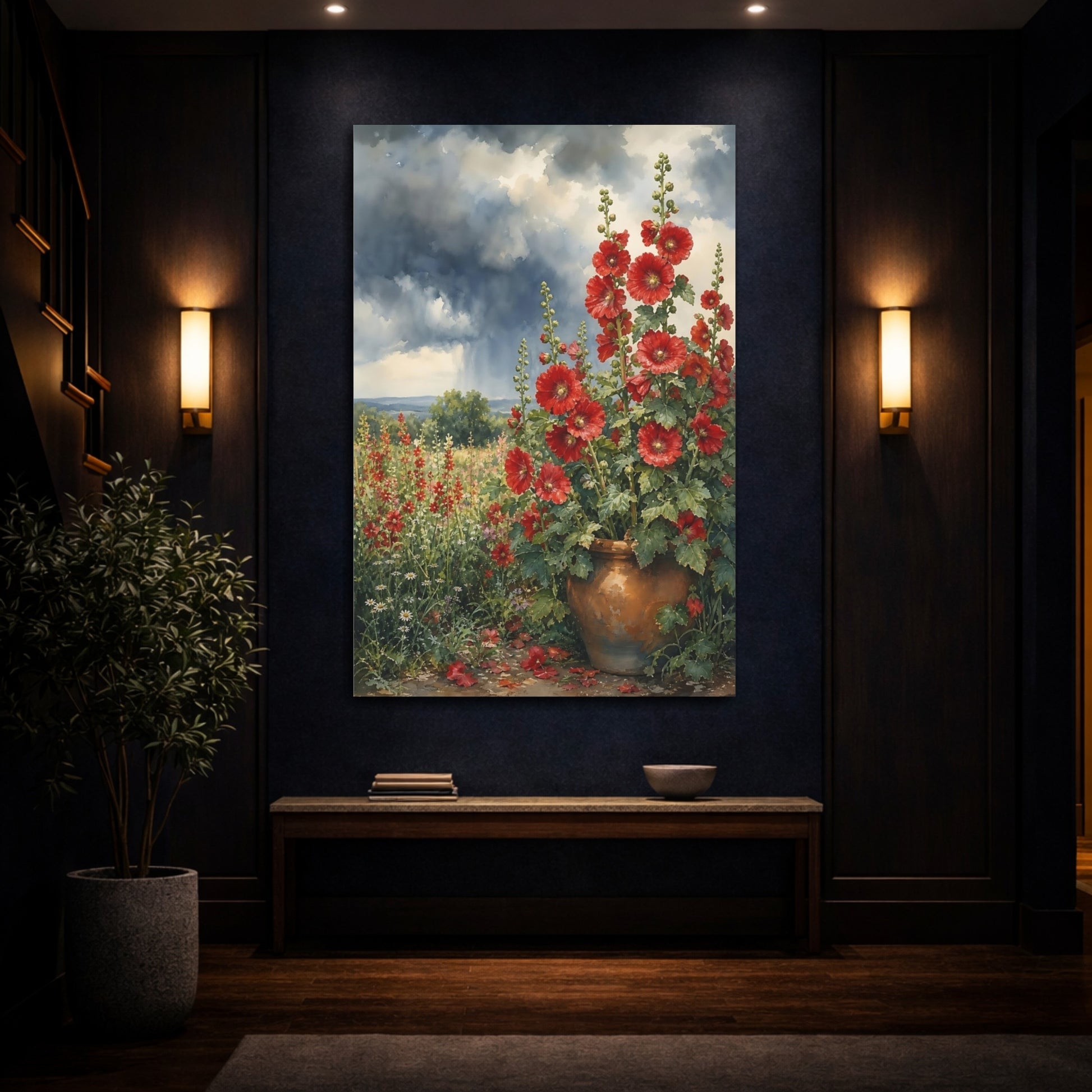 Mockup 4. Floral Red Hollyhocks Red Floral Watercolor shown as stretched canvas wall art