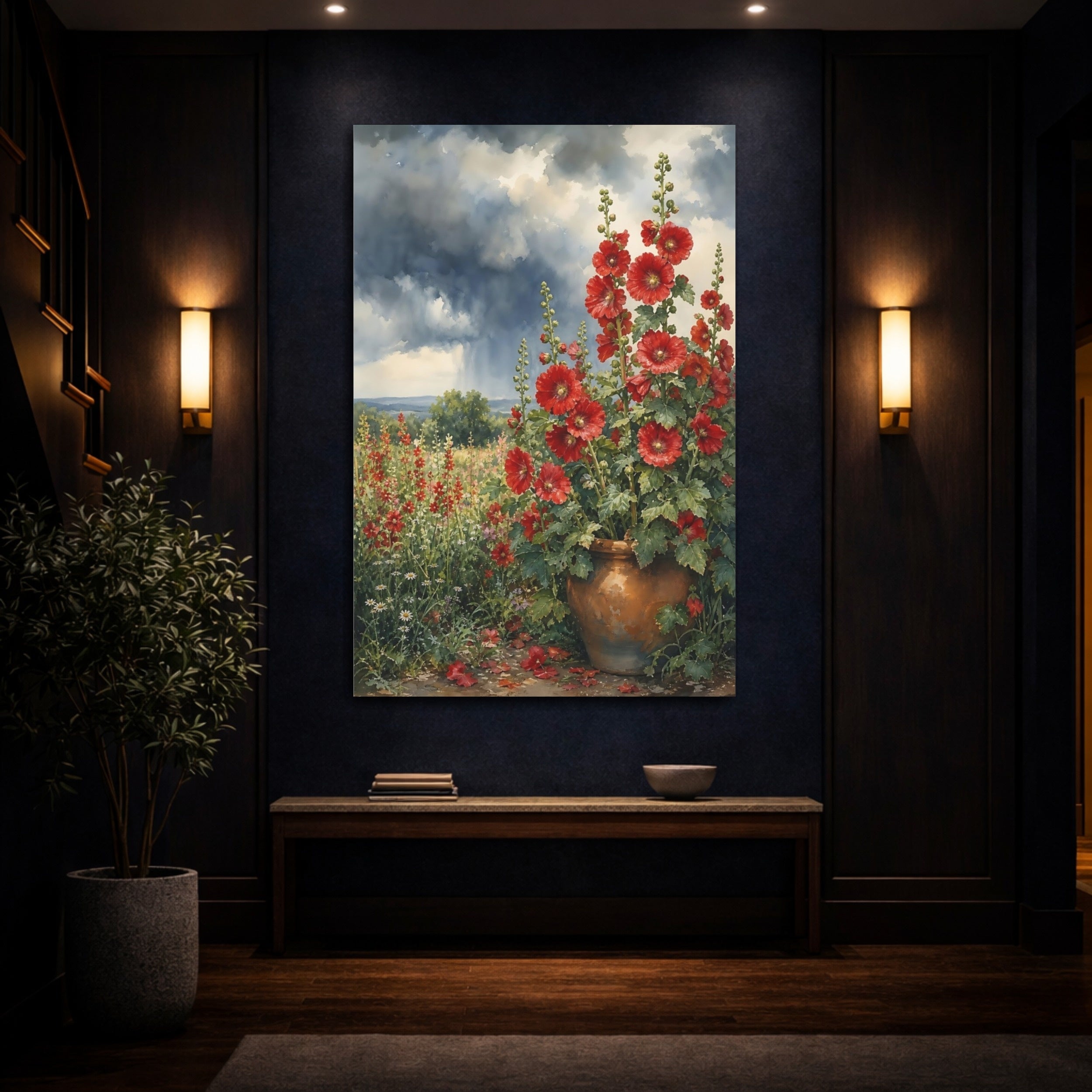 Mockup 4. Floral Red Hollyhocks Red Floral Watercolor shown as stretched canvas wall art