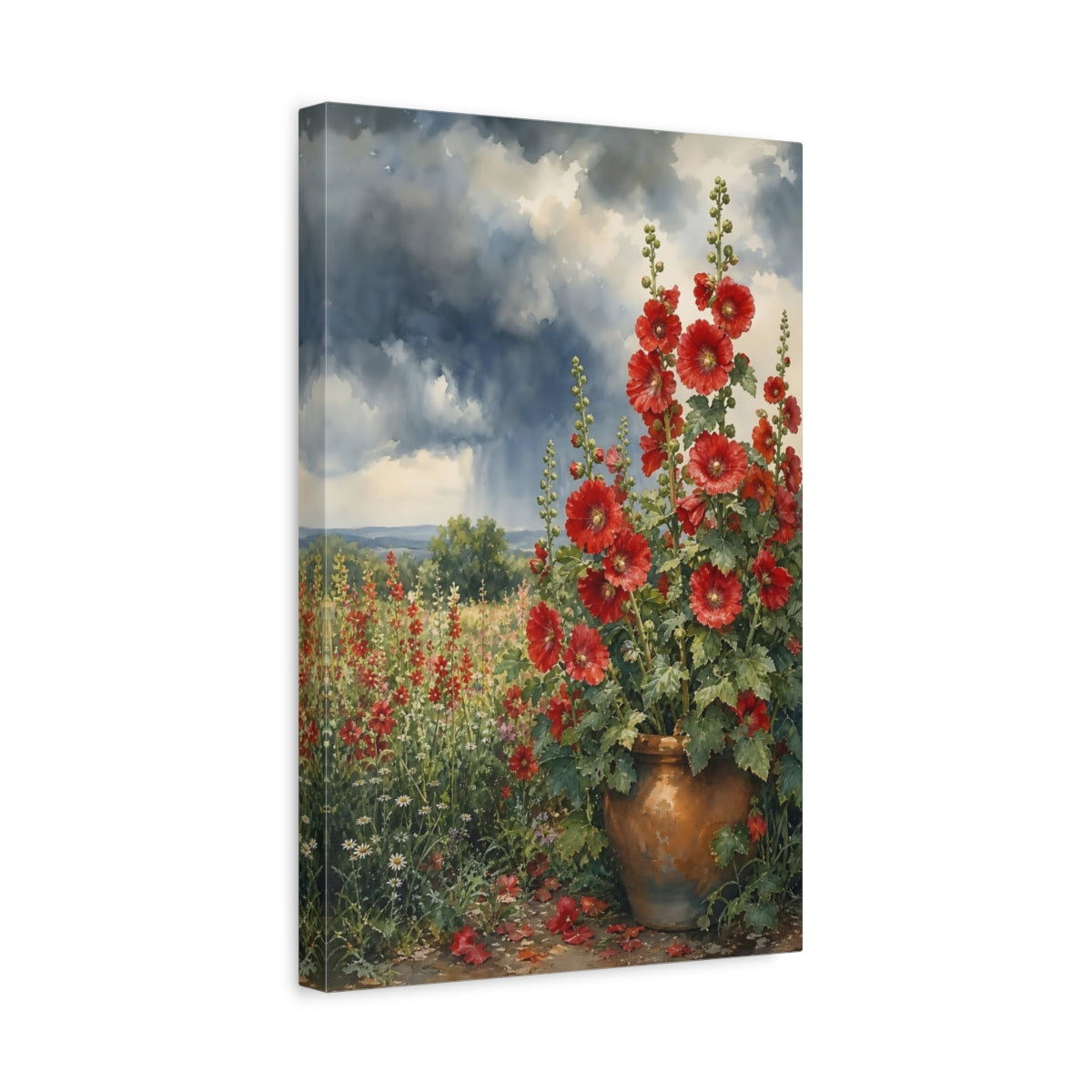 Side Mockup 4. Floral Red Hollyhocks Red Floral Watercolor shown as stretched canvas wall art