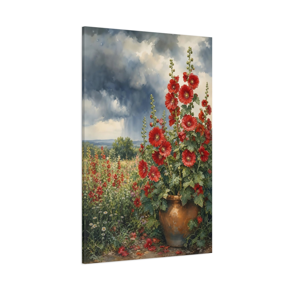 Side Mockup 1. Floral Red Hollyhocks Red Floral Watercolor shown as stretched canvas wall art