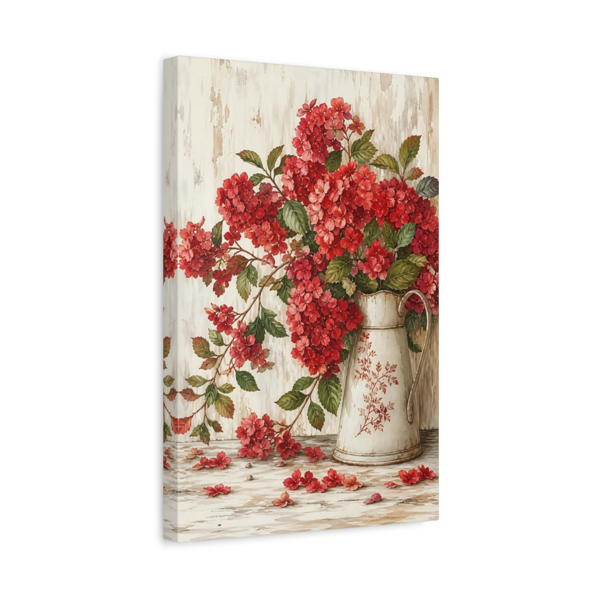 Side Mockup 4. Floral Red Hydrangea Vintage Red Floral shown as stretched canvas wall art