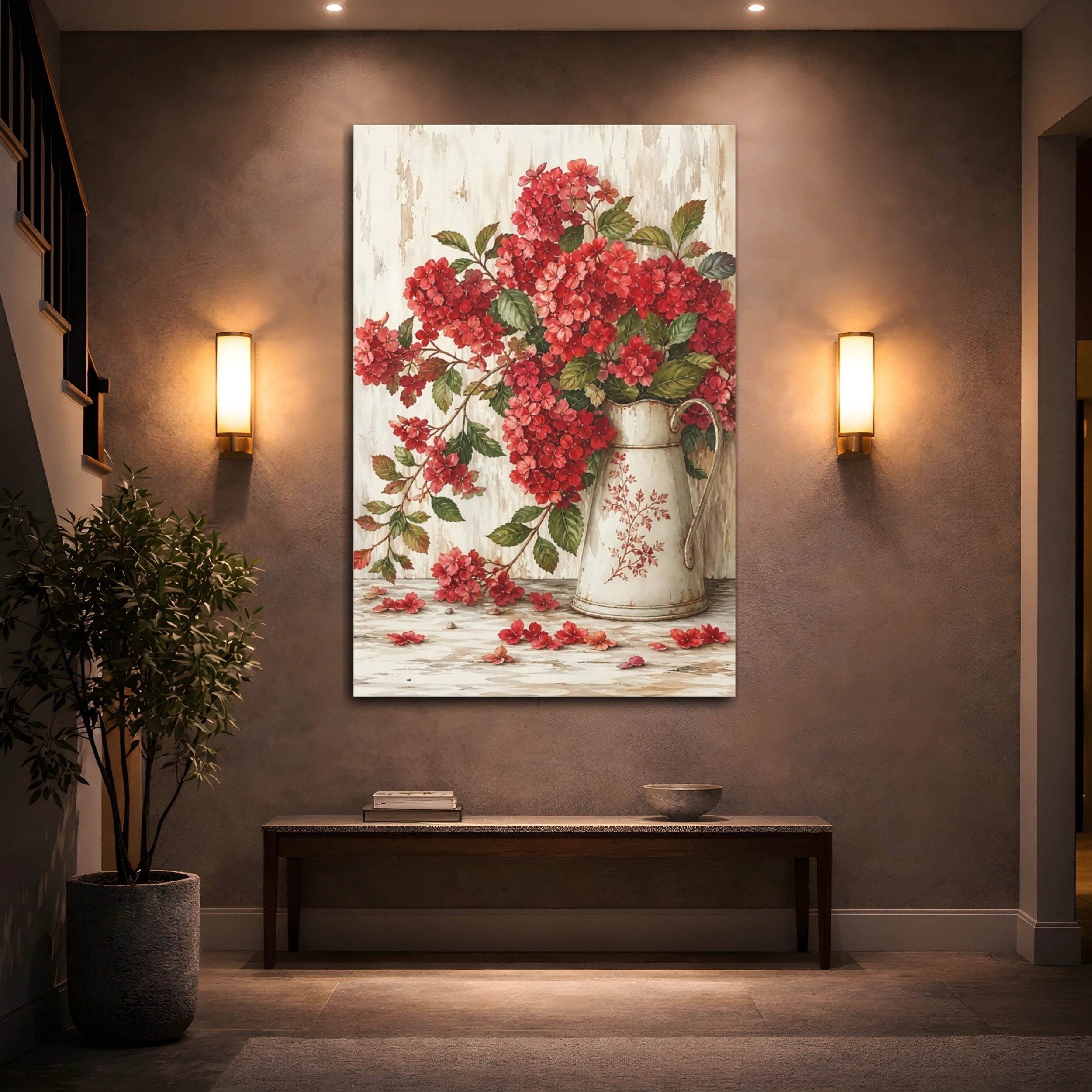 Mockup 2. Floral Red Hydrangea Vintage Red Floral shown as stretched canvas wall art