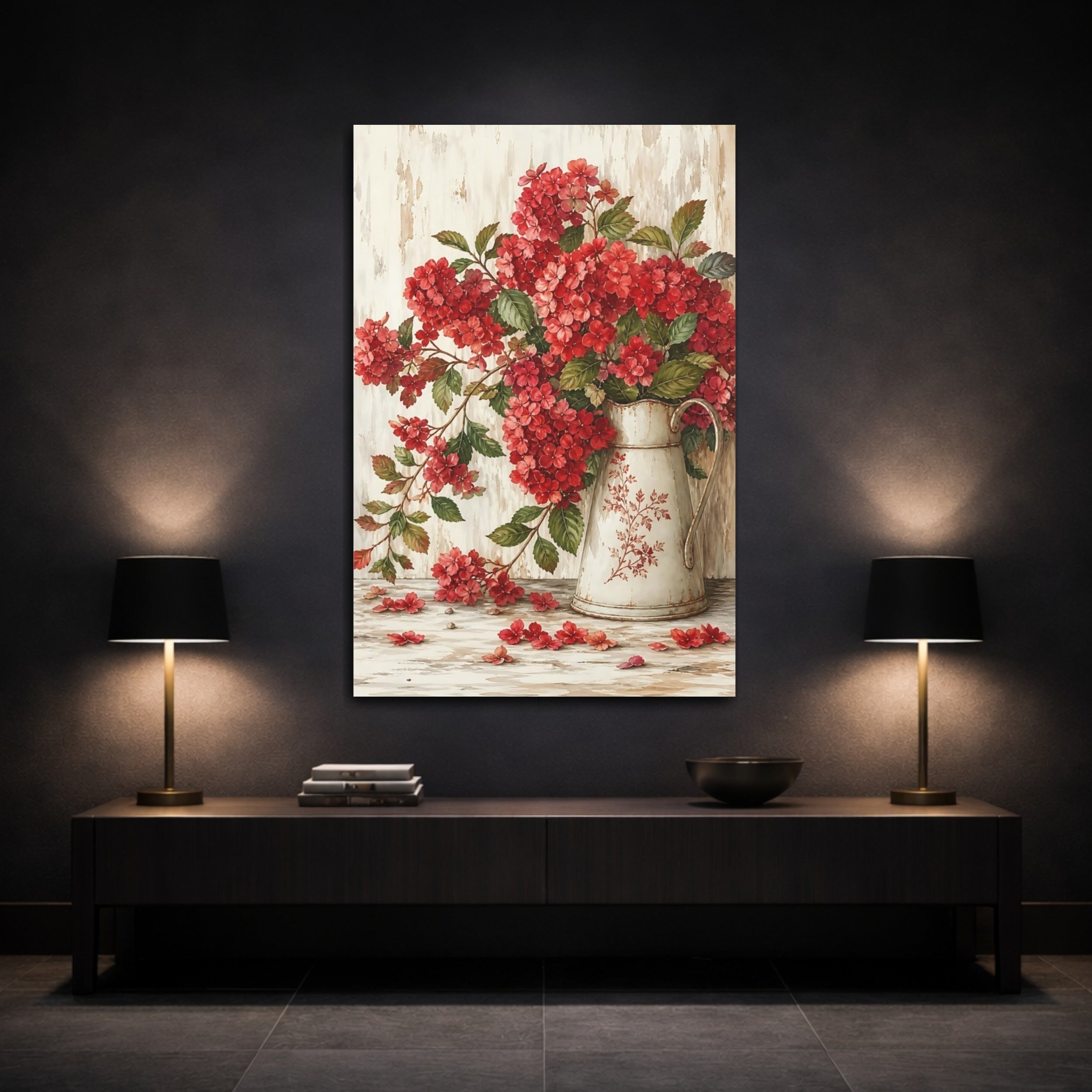 Mockup 3. Floral Red Hydrangea Vintage Red Floral shown as stretched canvas wall art
