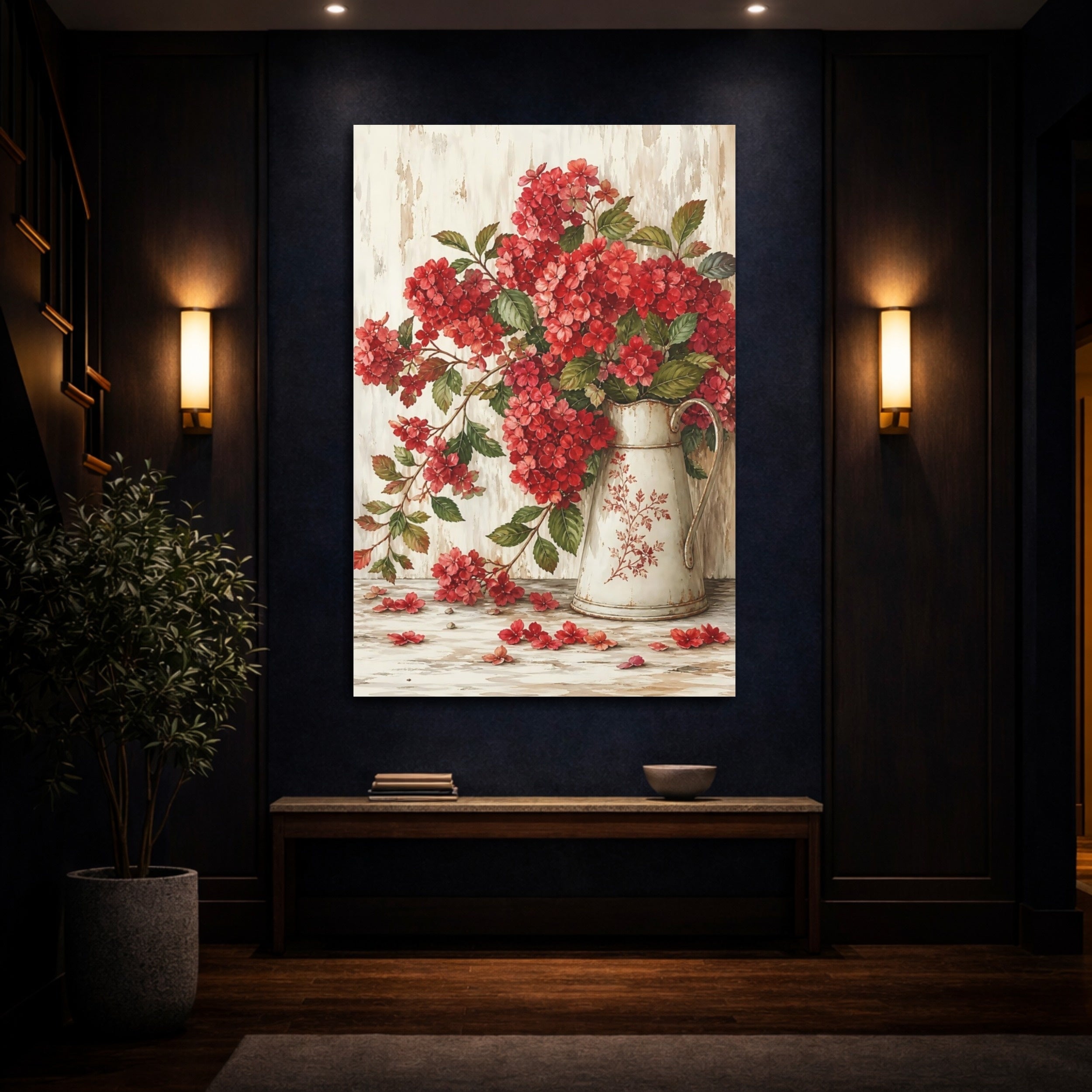 Mockup 4. Floral Red Hydrangea Vintage Red Floral shown as stretched canvas wall art