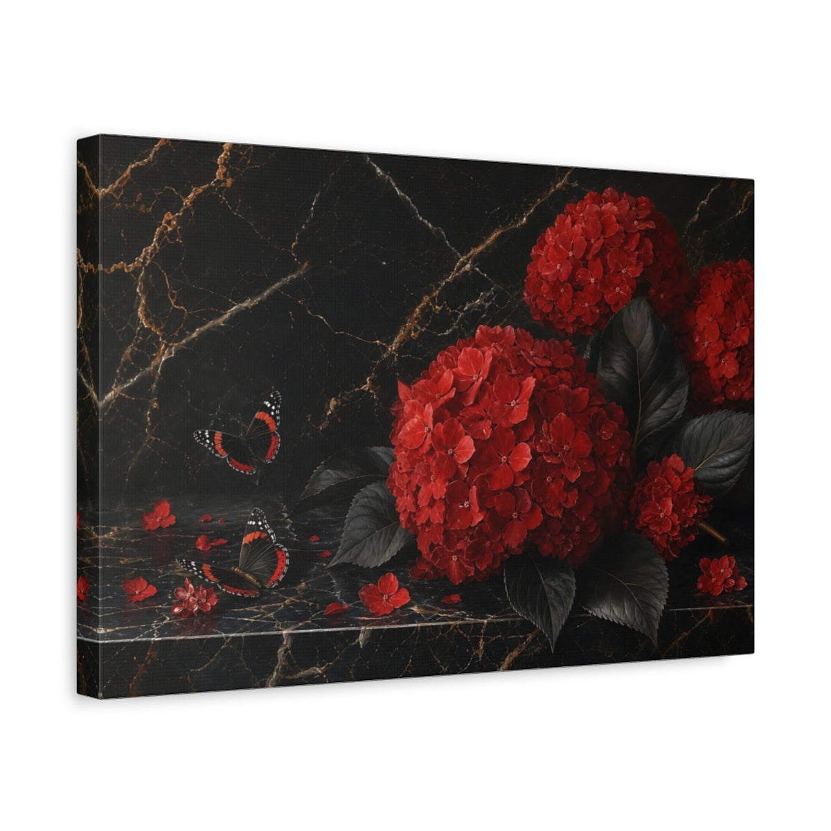 Side Mockup 4. Floral Red Hydrangeas Red And Black shown as stretched canvas wall art