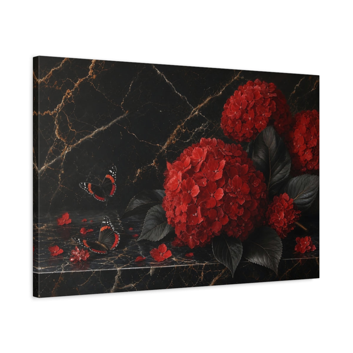 Side Mockup 2. Floral Red Hydrangeas Red And Black shown as stretched canvas wall art