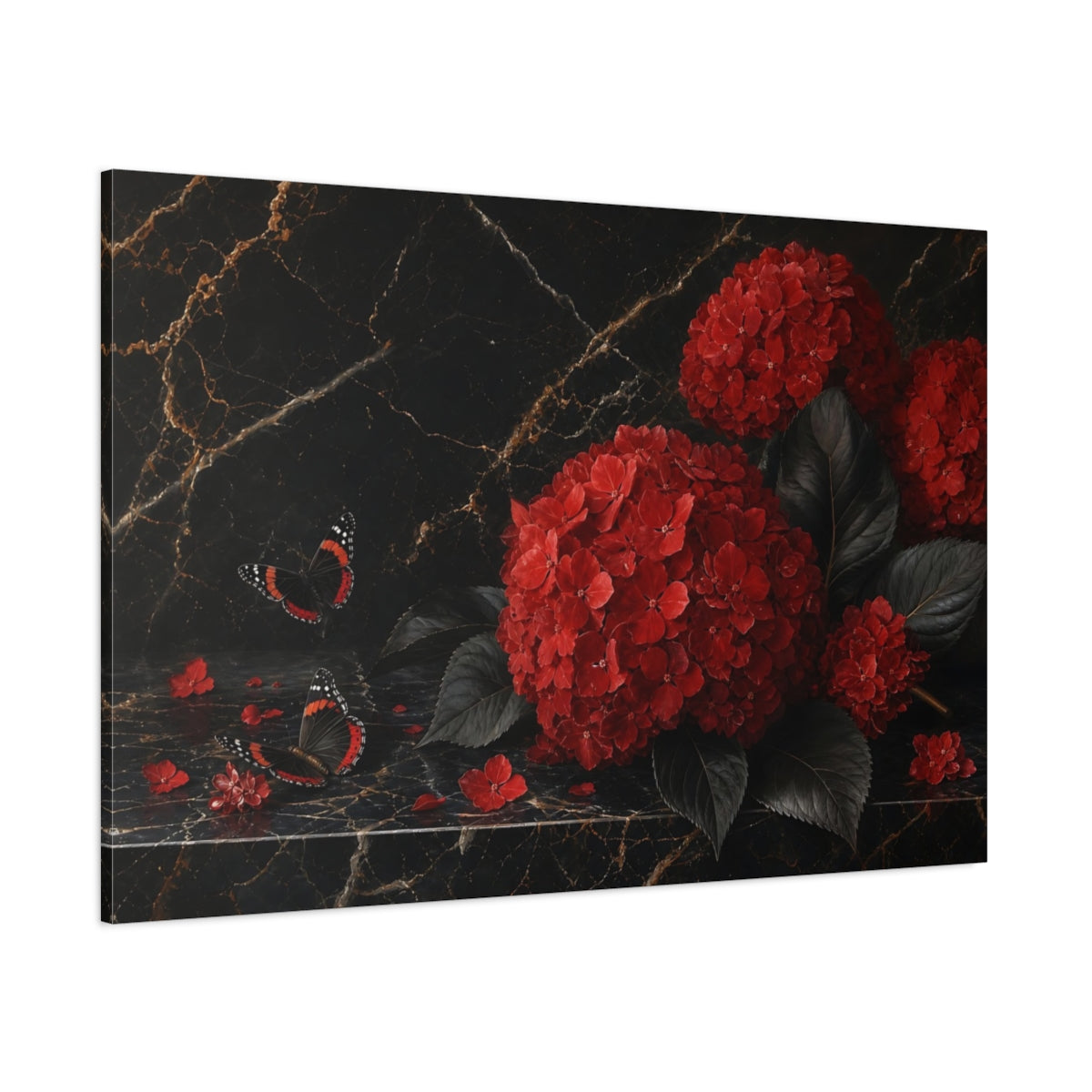 Side Mockup 1. Floral Red Hydrangeas Red And Black shown as stretched canvas wall art