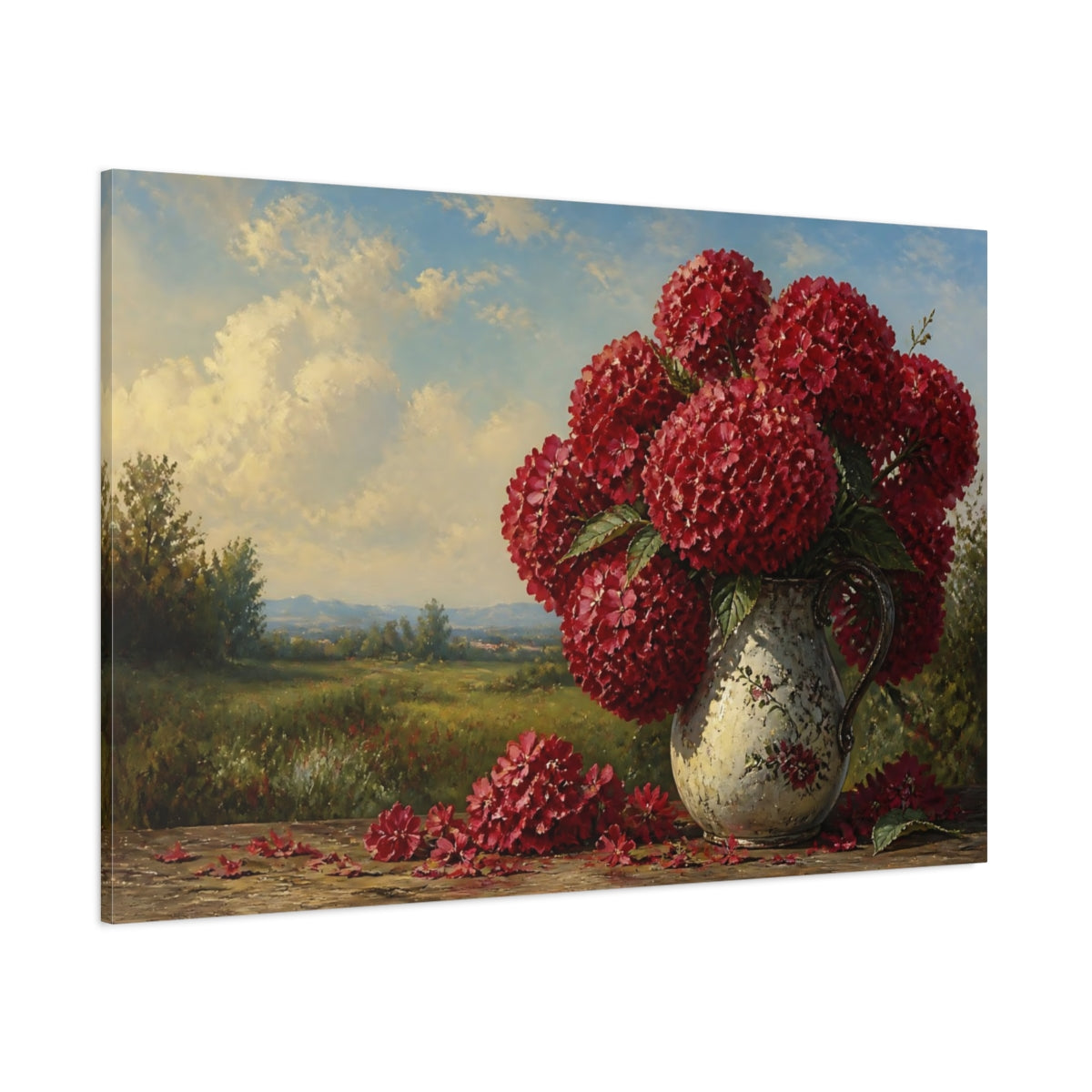 Side Mockup 1. Floral Red Hydrangeas Red Floral Landscape shown as stretched canvas wall art