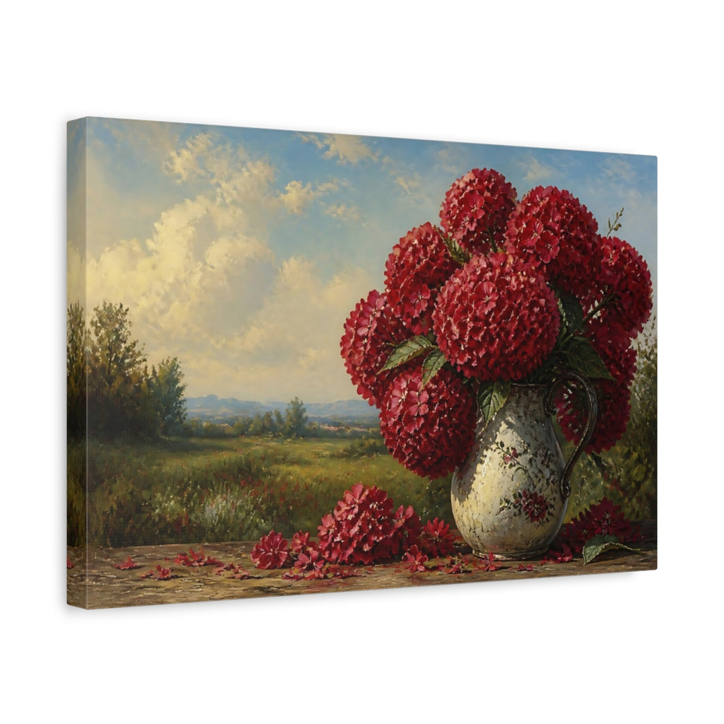 Side Mockup 4. Floral Red Hydrangeas Red Floral Landscape shown as stretched canvas wall art