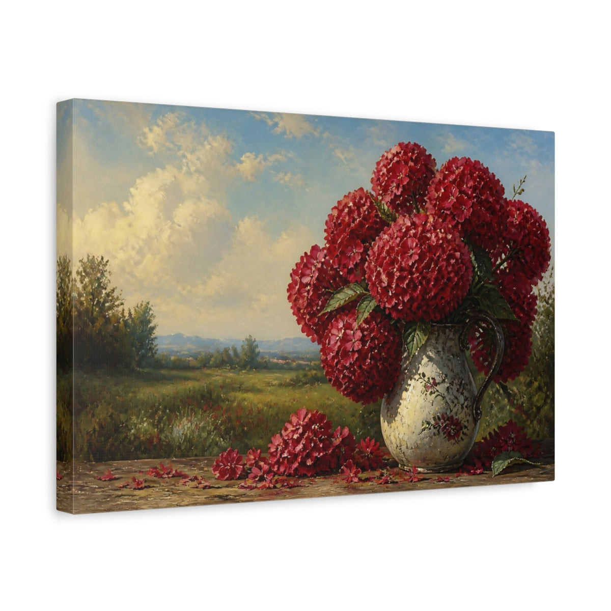 Side Mockup 4. Floral Red Hydrangeas Red Floral Landscape shown as stretched canvas wall art