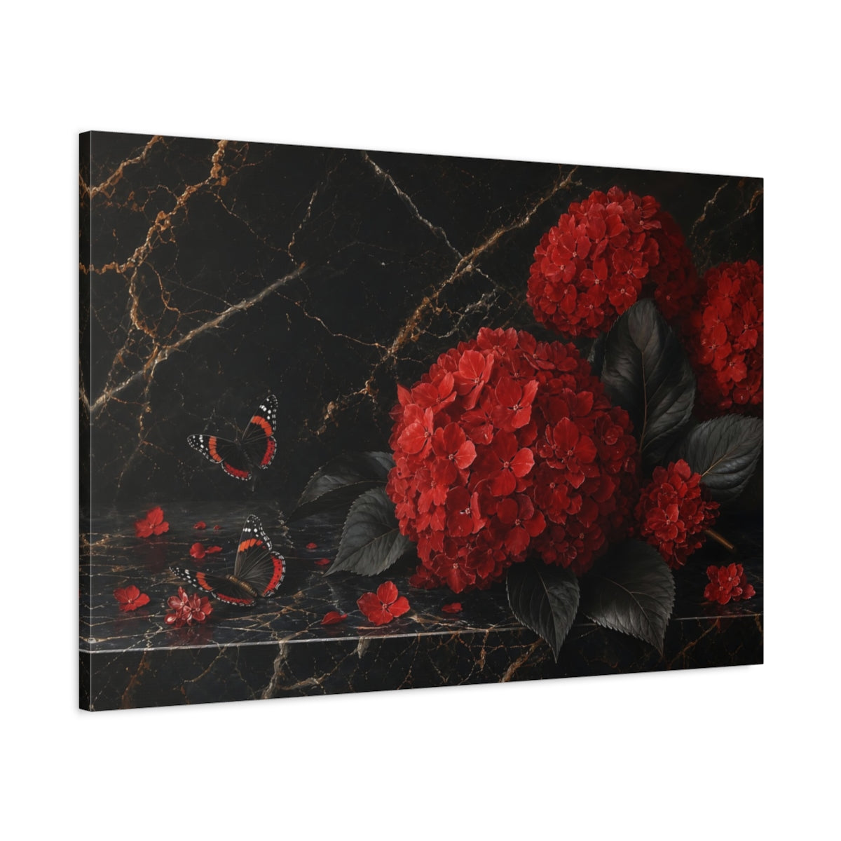 Main Mockup. Floral Red Hydrangeas Red And Black shown as stretched canvas wall art