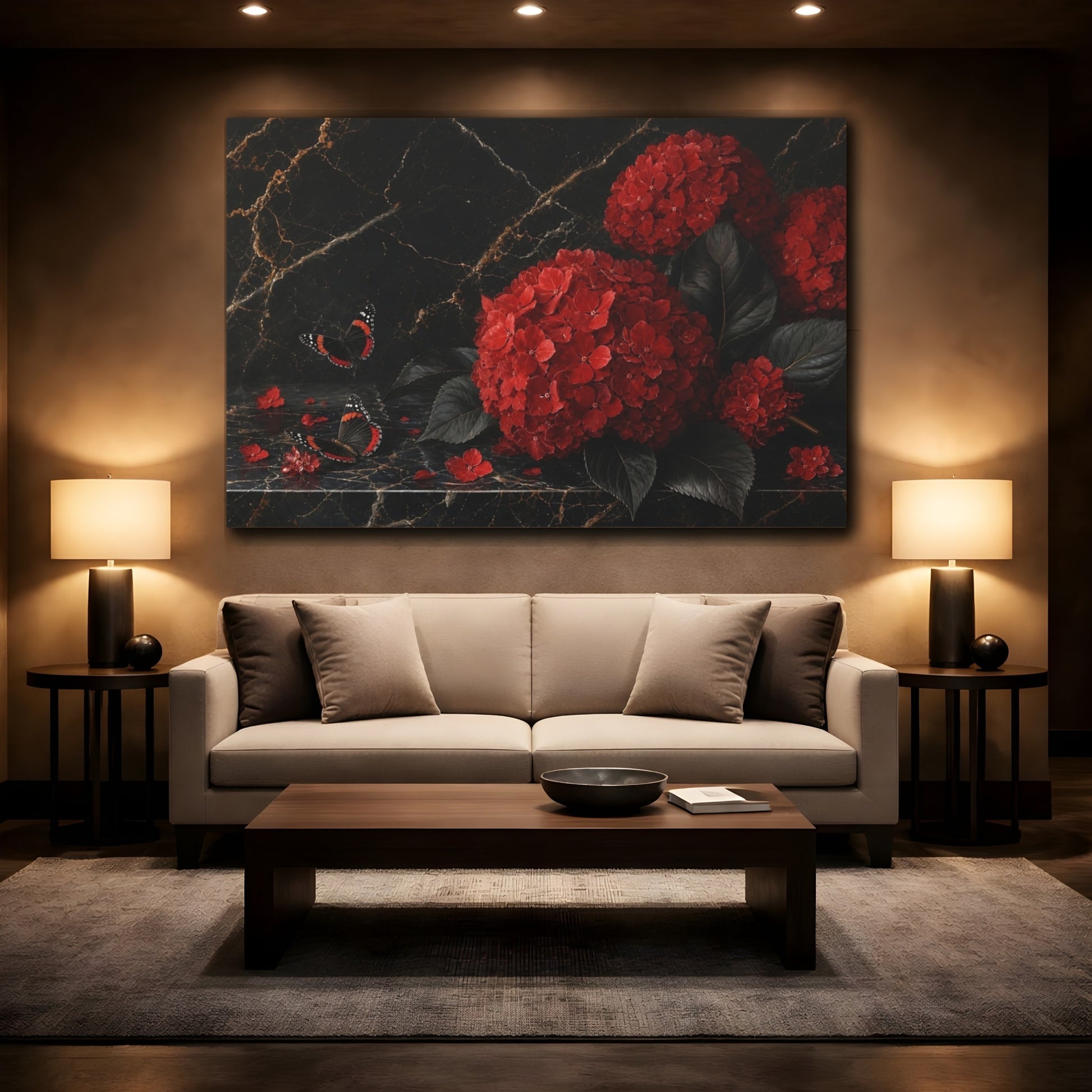 Mockup 2. Floral Red Hydrangeas Red And Black shown as stretched canvas wall art