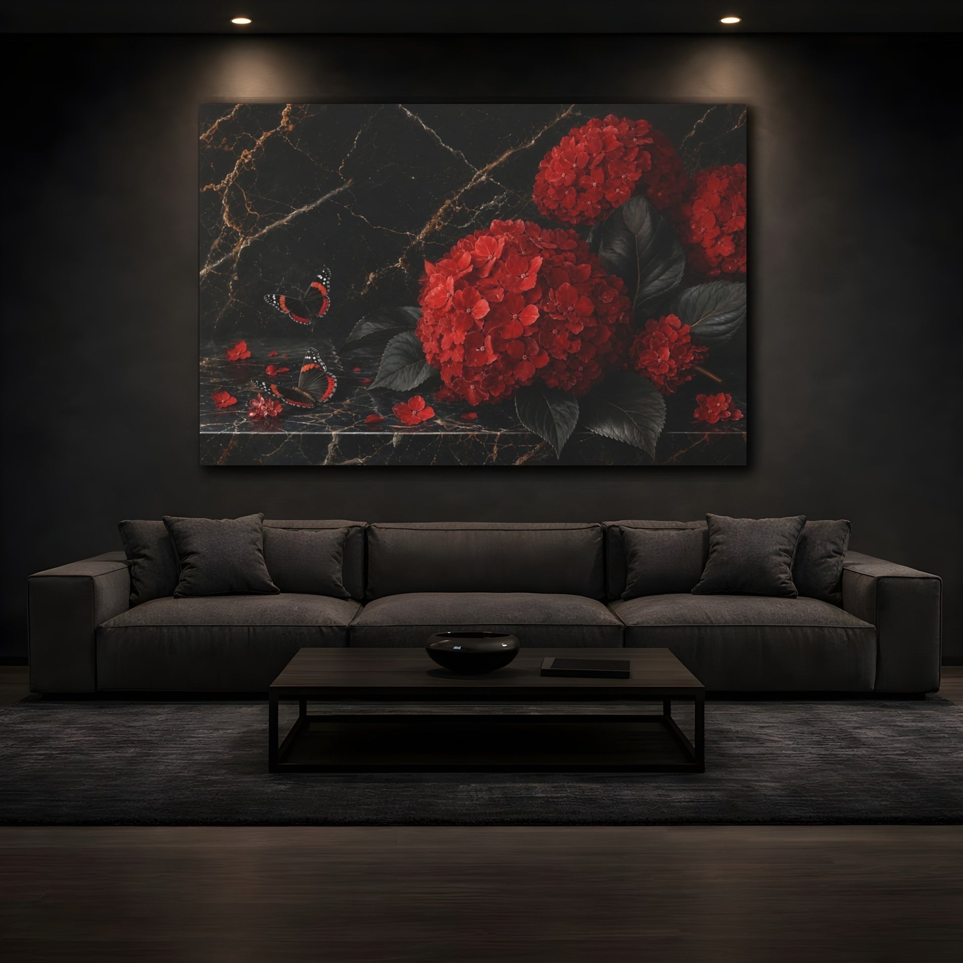 Mockup 3. Floral Red Hydrangeas Red And Black shown as stretched canvas wall art