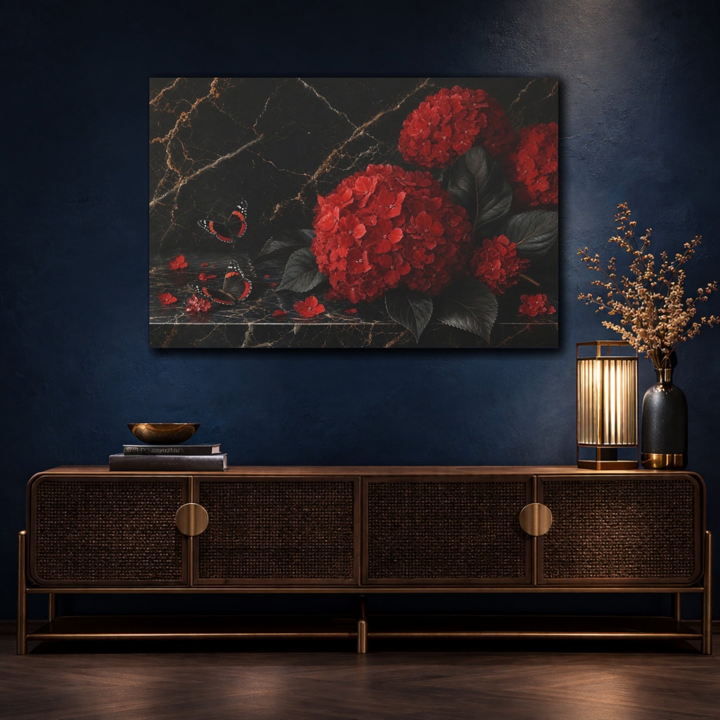 Mockup 4. Floral Red Hydrangeas Red And Black shown as stretched canvas wall art