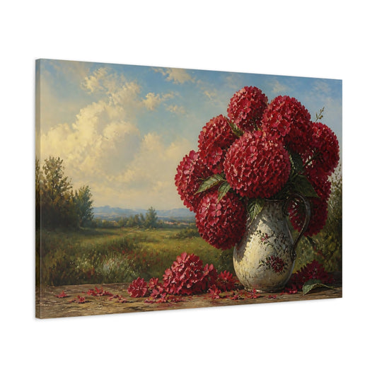 Main Mockup. Floral Red Hydrangeas Red Floral Landscape shown as stretched canvas wall art