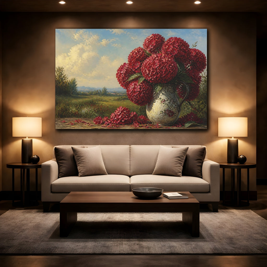Mockup 2. Floral Red Hydrangeas Red Floral Landscape shown as stretched canvas wall art