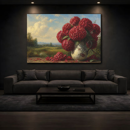 Mockup 3. Floral Red Hydrangeas Red Floral Landscape shown as stretched canvas wall art