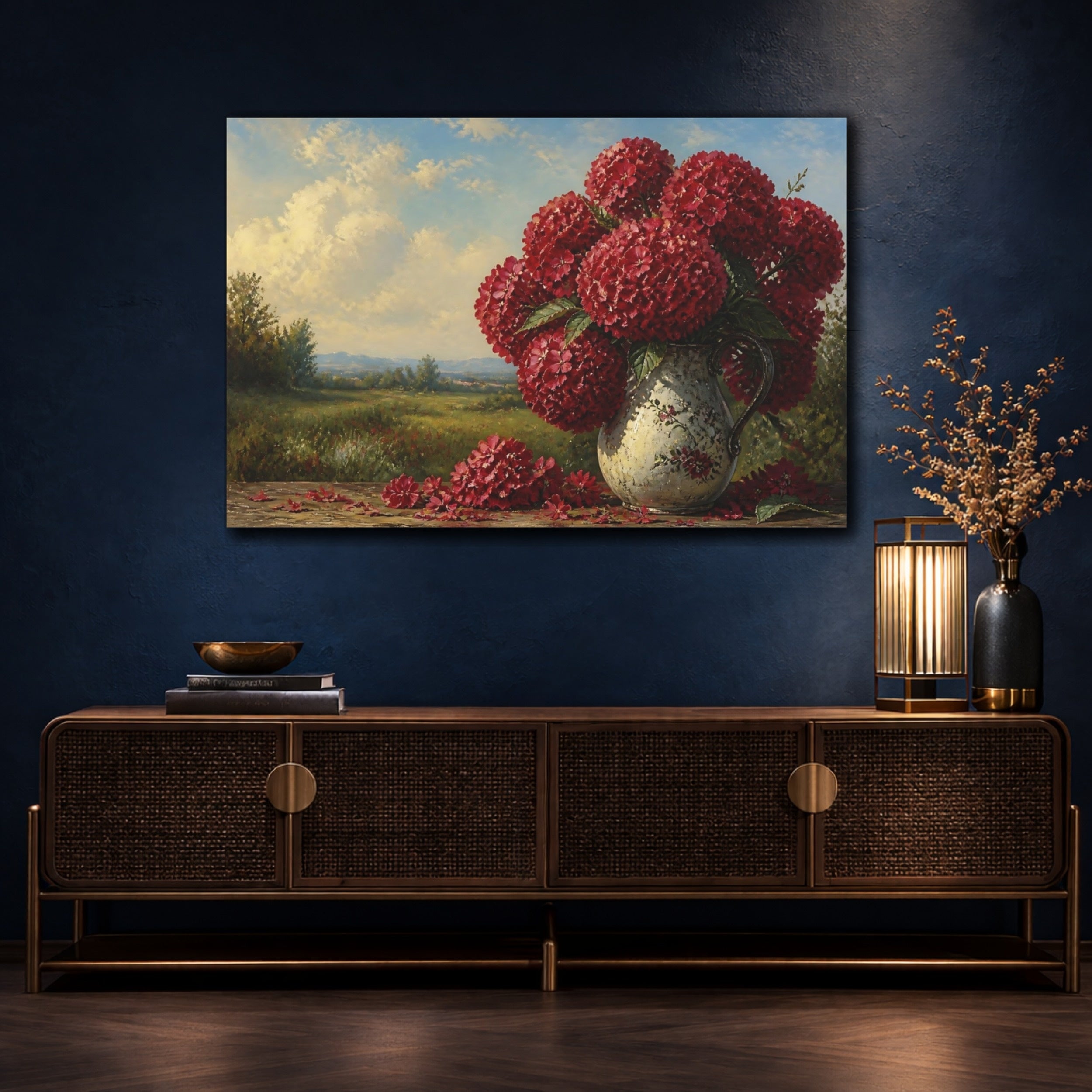 Mockup 4. Floral Red Hydrangeas Red Floral Landscape shown as stretched canvas wall art