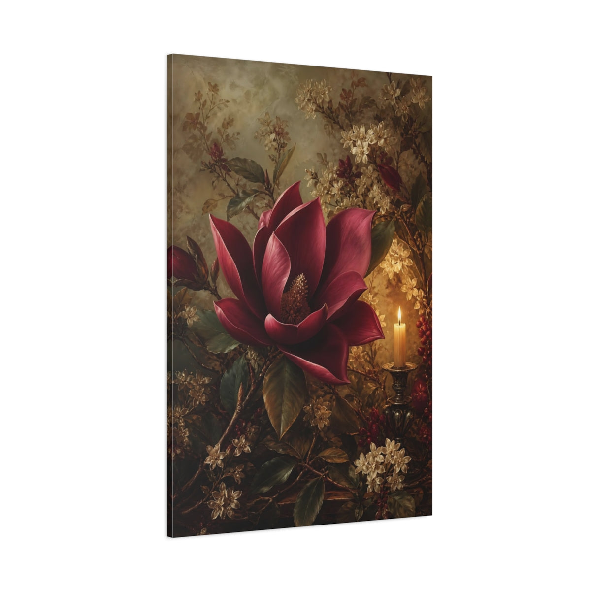 Side Mockup 1. Floral Red Magnolia Dark Red Floral shown as stretched canvas wall art