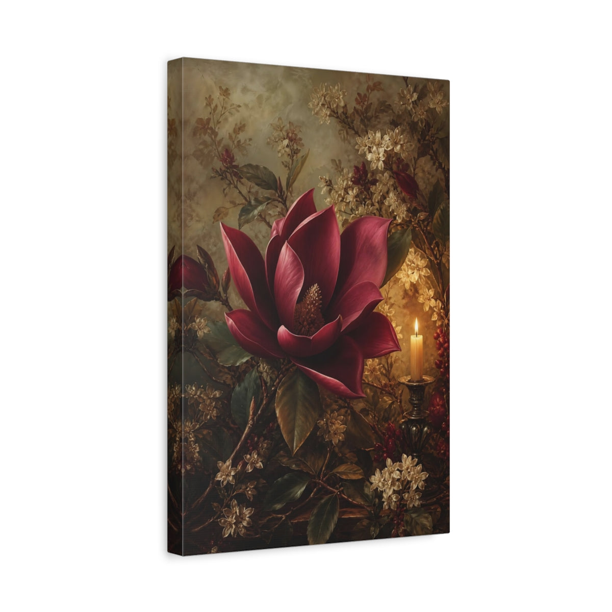 Side Mockup 4. Floral Red Magnolia Dark Red Floral shown as stretched canvas wall art