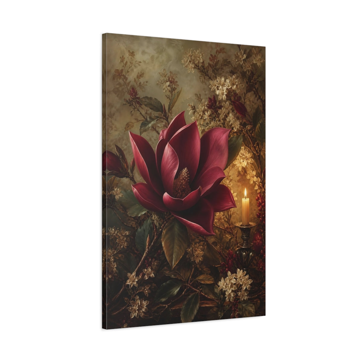 Main Mockup. Floral Red Magnolia Dark Red Floral shown as stretched canvas wall art